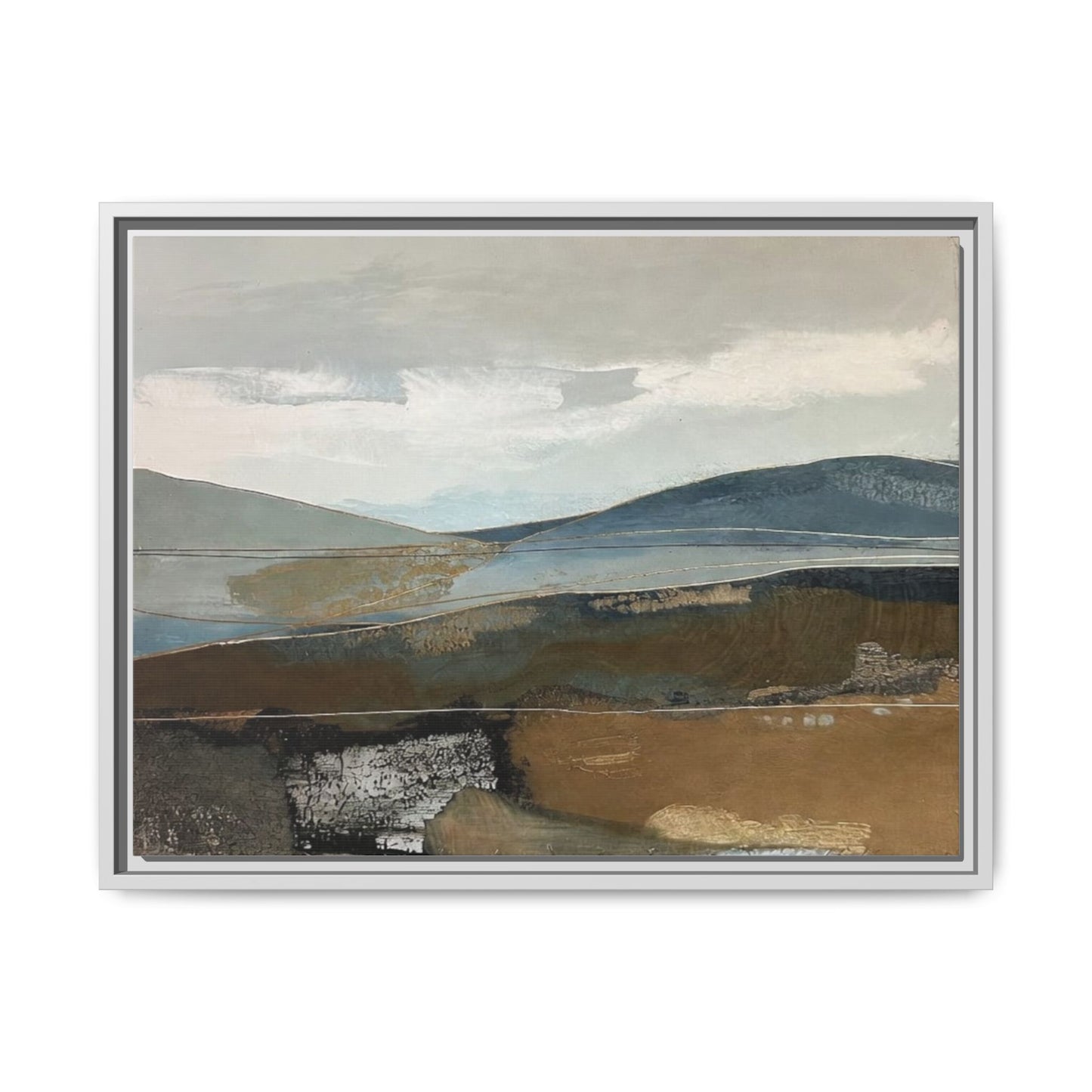 Framed Matte Canvas Landscape Art - Serene Abstract Hills in Blue & Earth Tones