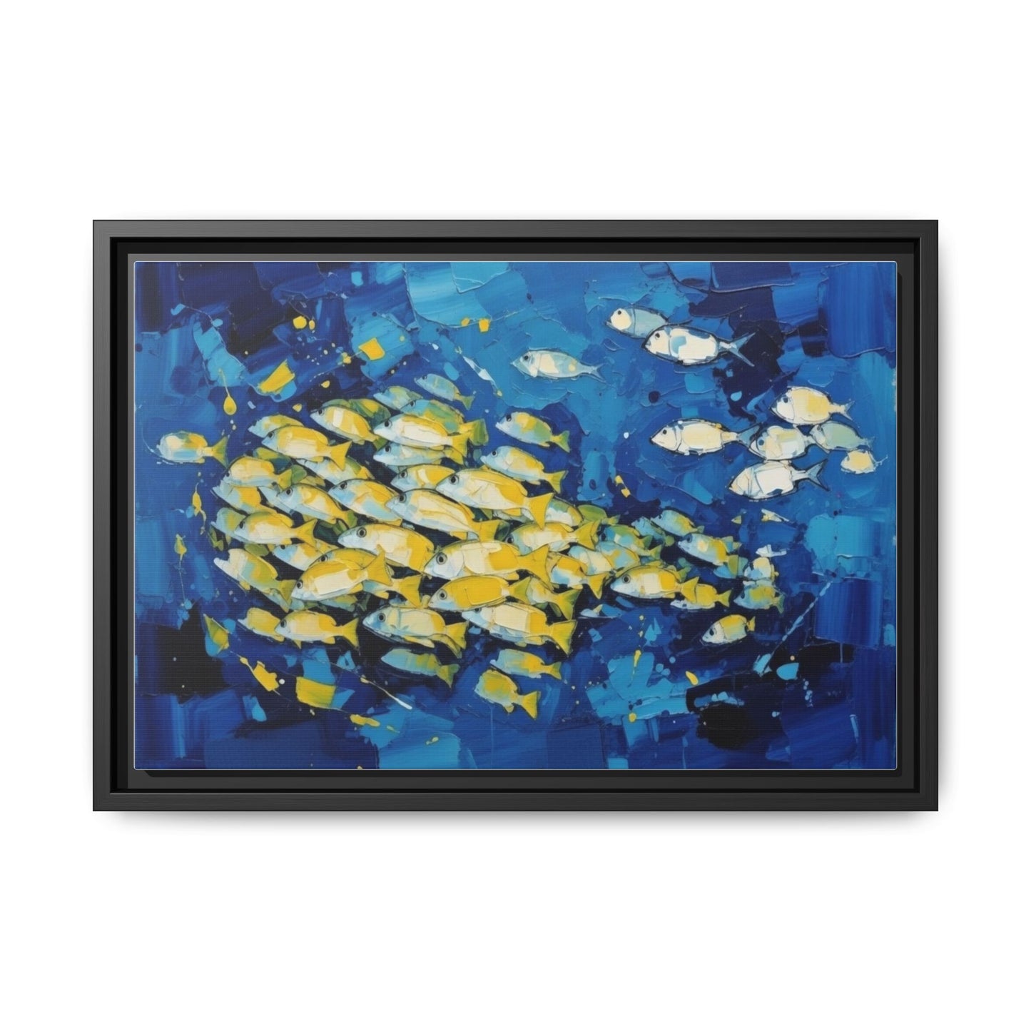 Framed Matte Canvas: Blue School of Fish Wall Art