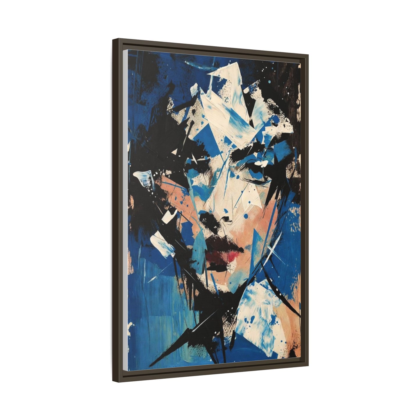 Abstract Portrait Matte Canvas Framed Wall Art — Blue Mixed-Media Face Print