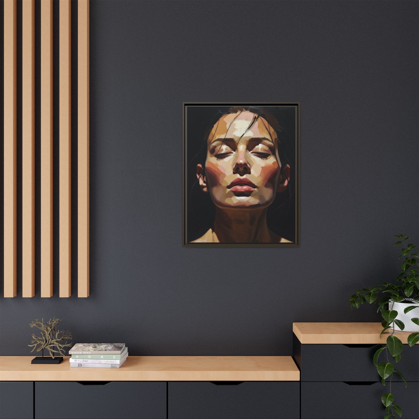 Framed Matte Canvas Portrait – Woman with Eyes Closed (Multi‑Color)