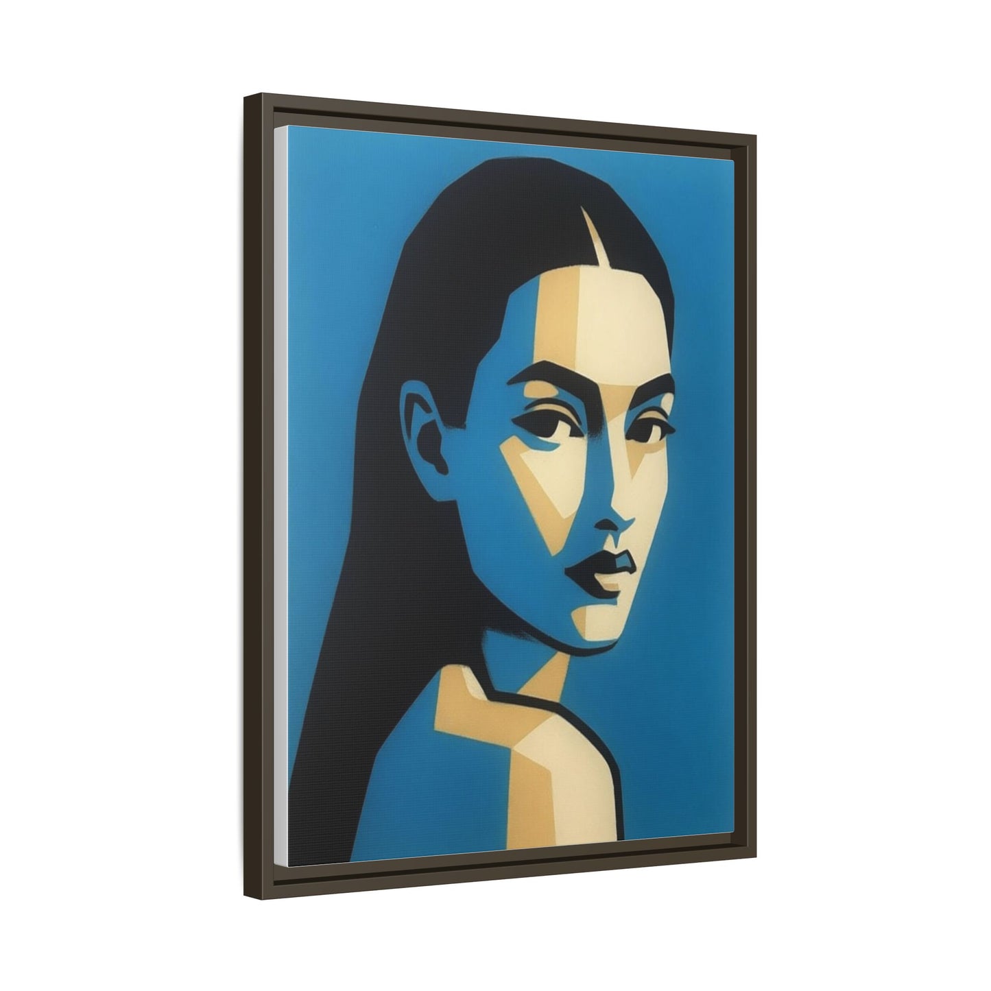 Framed Pop Art Portrait Canvas — Blue Geometric Woman Print