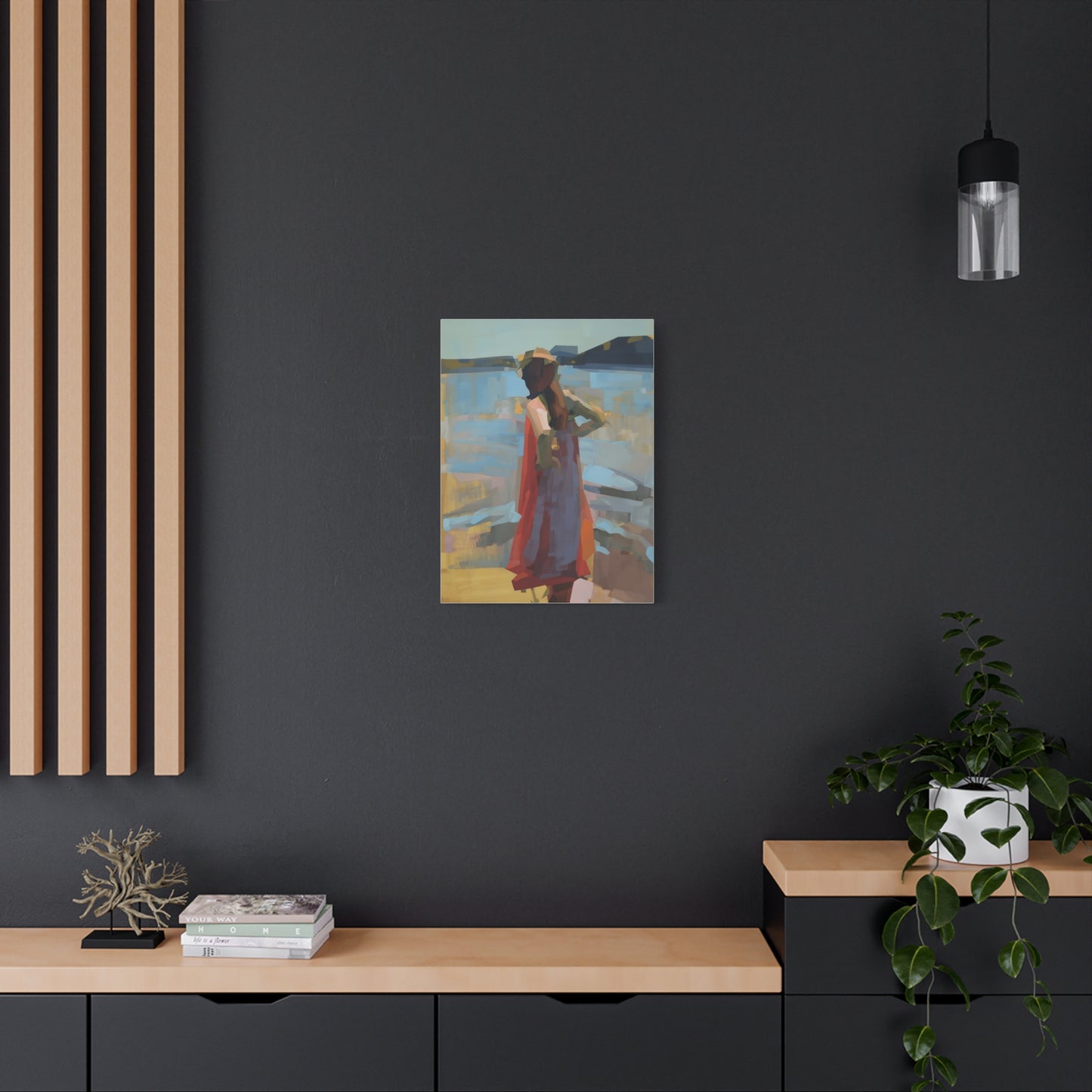 Coastal Stroll Matte Canvas Print — Abstract Woman in Red Dress, Stretched 1.25"