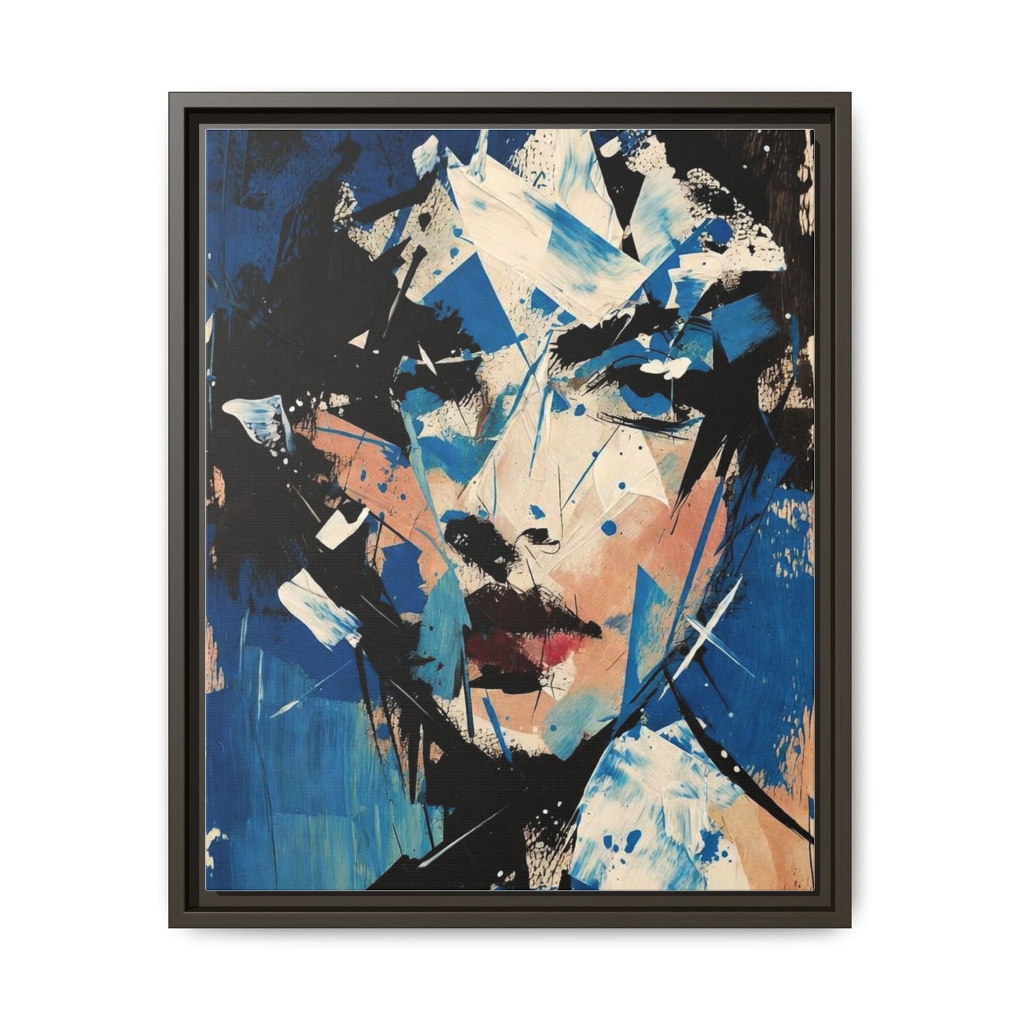 Abstract Portrait Matte Canvas Framed Wall Art — Blue Mixed-Media Face Print