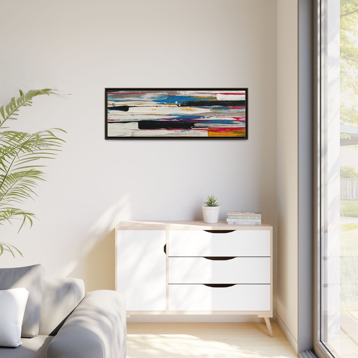 Abstract Multi-Color Framed Canvas Wall Art — Modern Horizontal Brushstroke Print