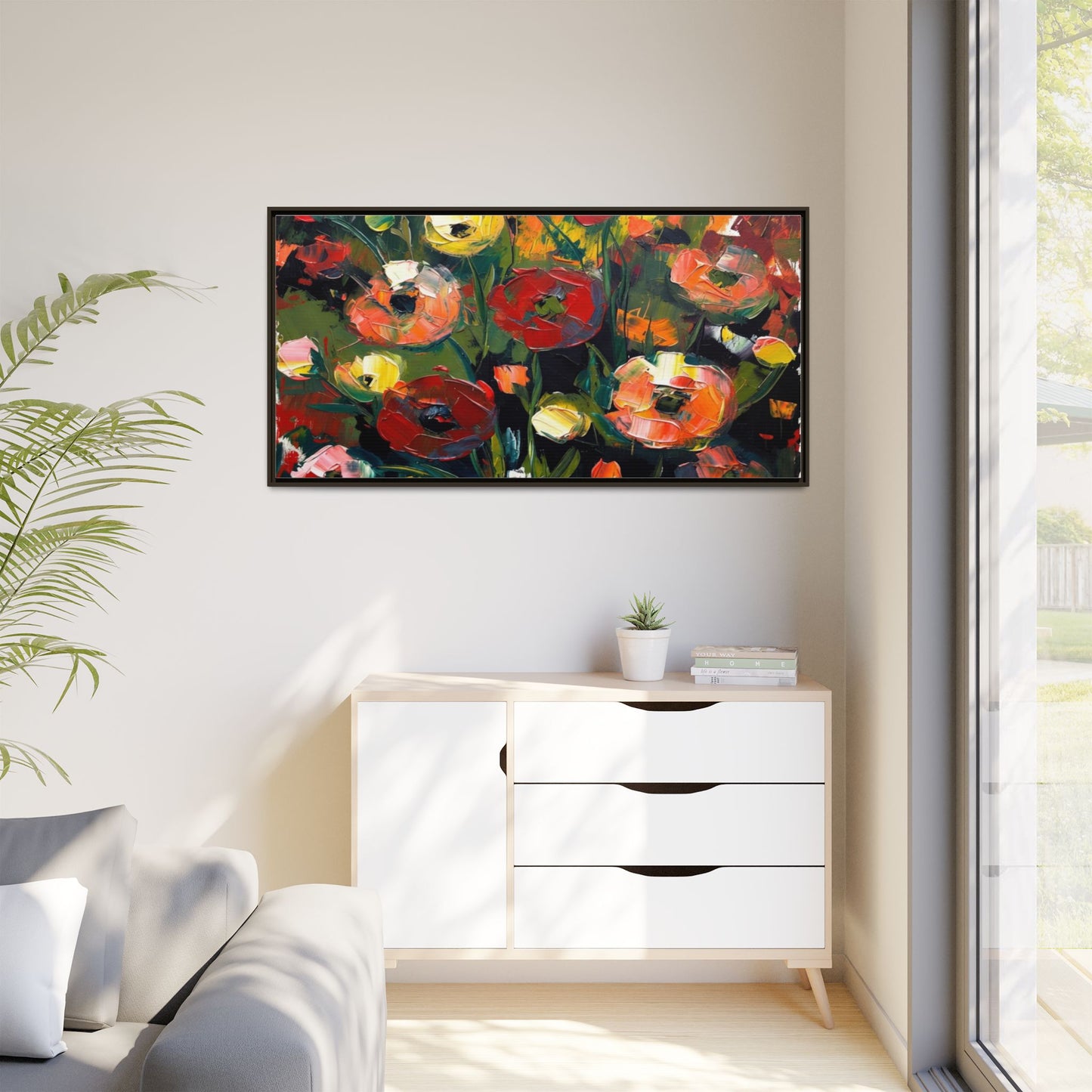 Framed Floral Canvas Print — Vibrant Abstract Poppies Wall Art