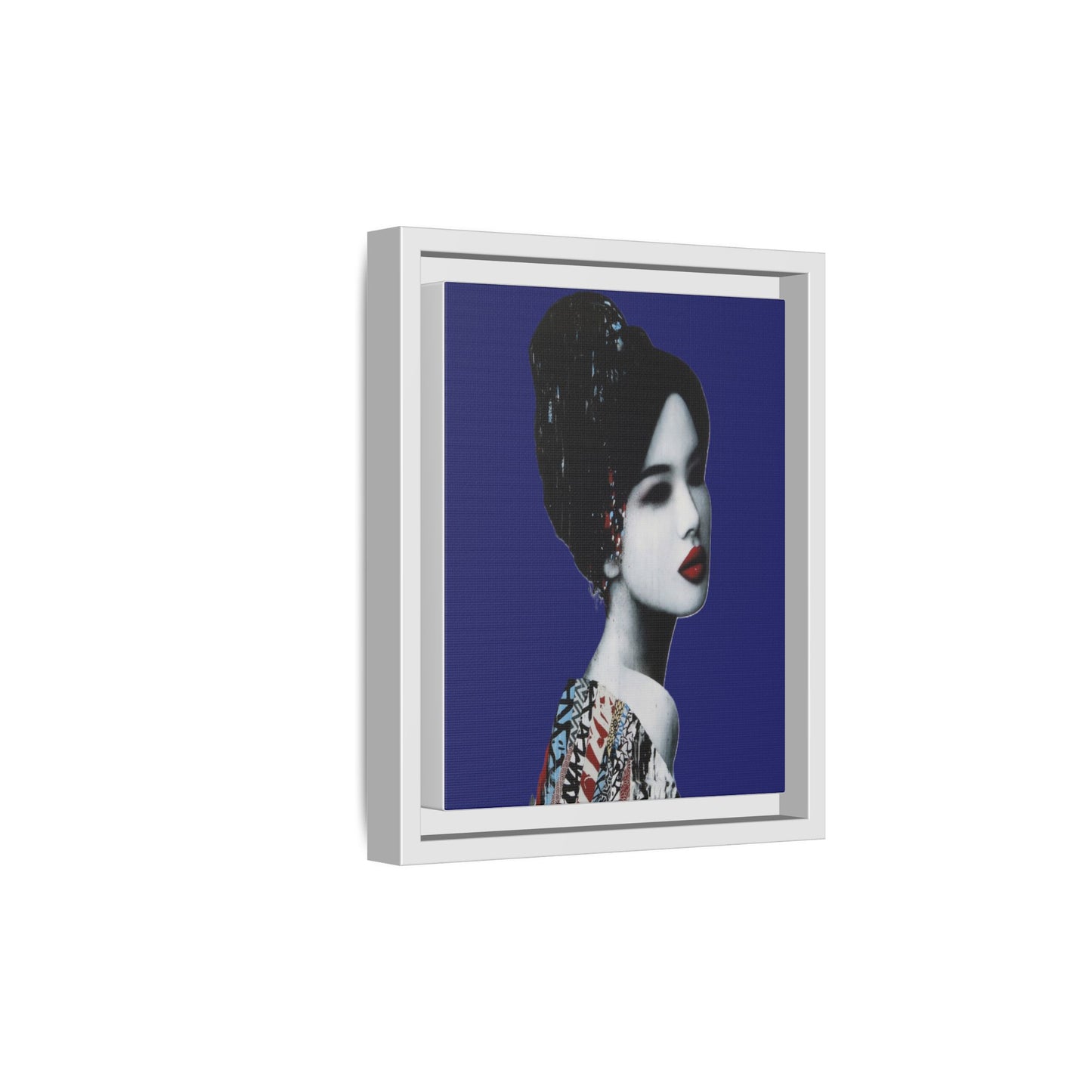 Framed Matte Canvas Art — Elegant Geisha Portrait on Deep Blue