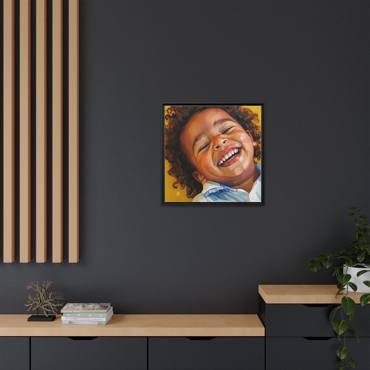 Framed Matte Canvas Print – Joyful Child Portrait, Colorful Nursery Wall Art