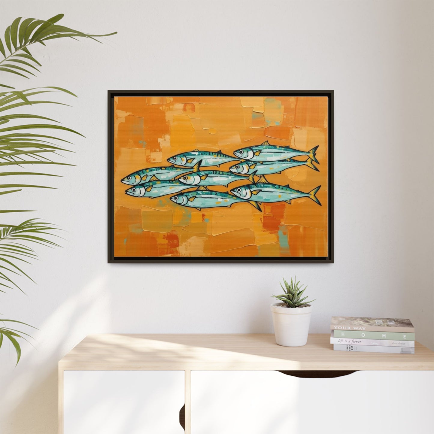 Framed Matte Canvas Print — School of Blue Fish on Orange Abstract Background