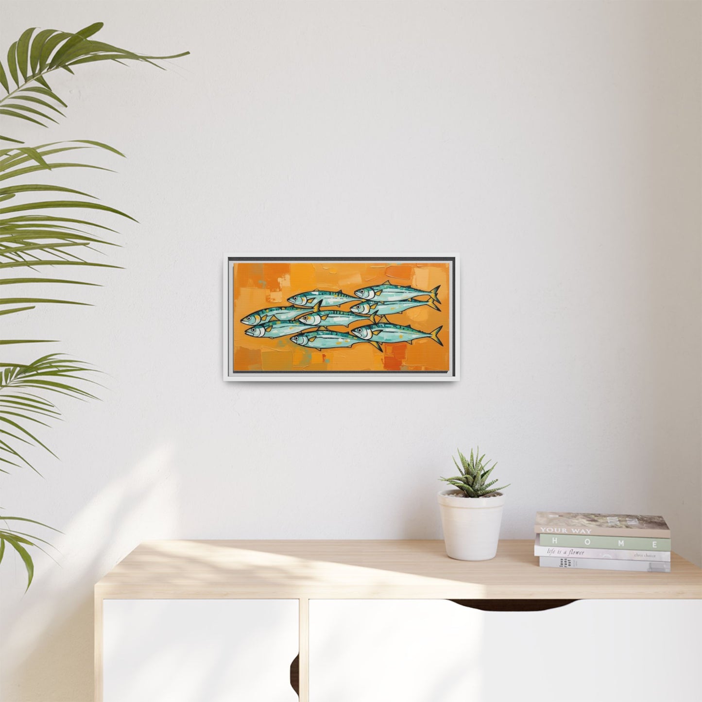 Framed Matte Canvas Print — School of Blue Fish on Orange Abstract Background