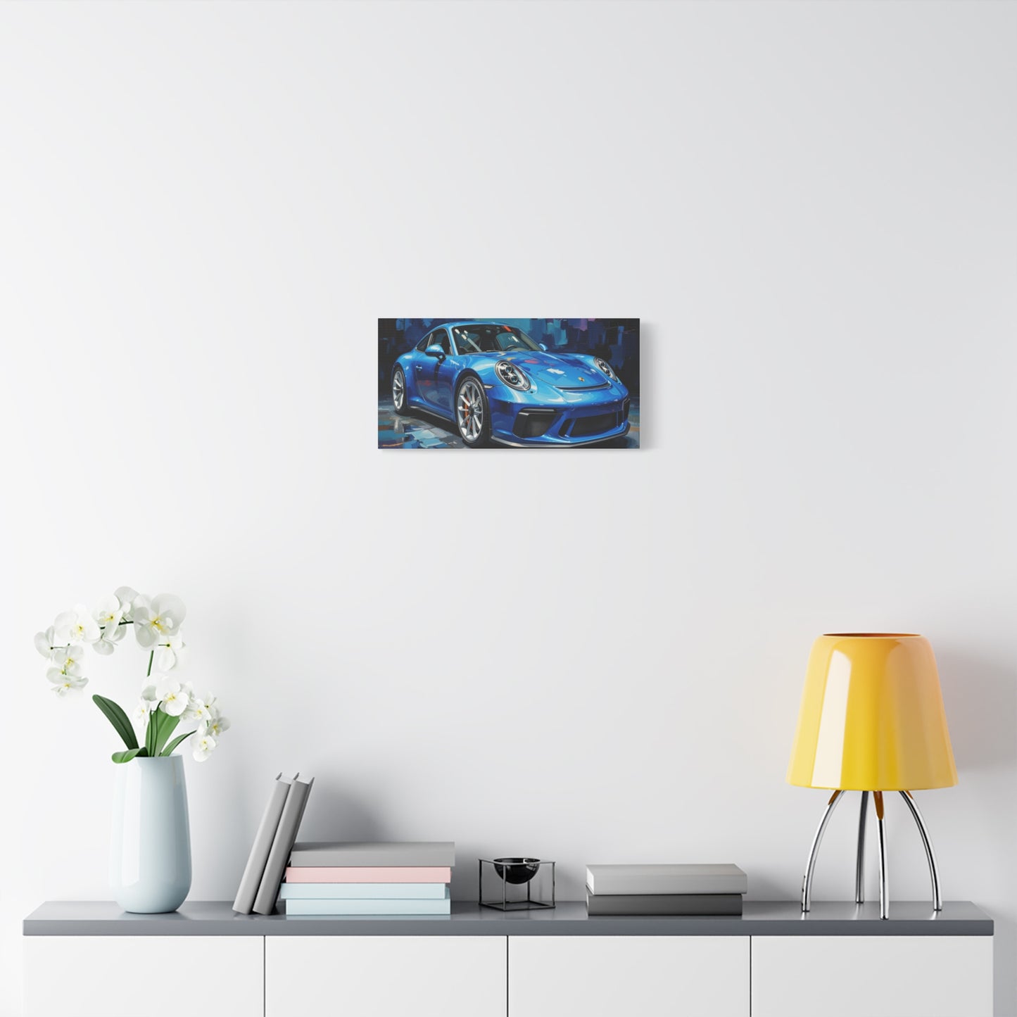 Blue Sports Car Canvas Wall Art — Modern Automotive Painting on Stretched Matte Canvas