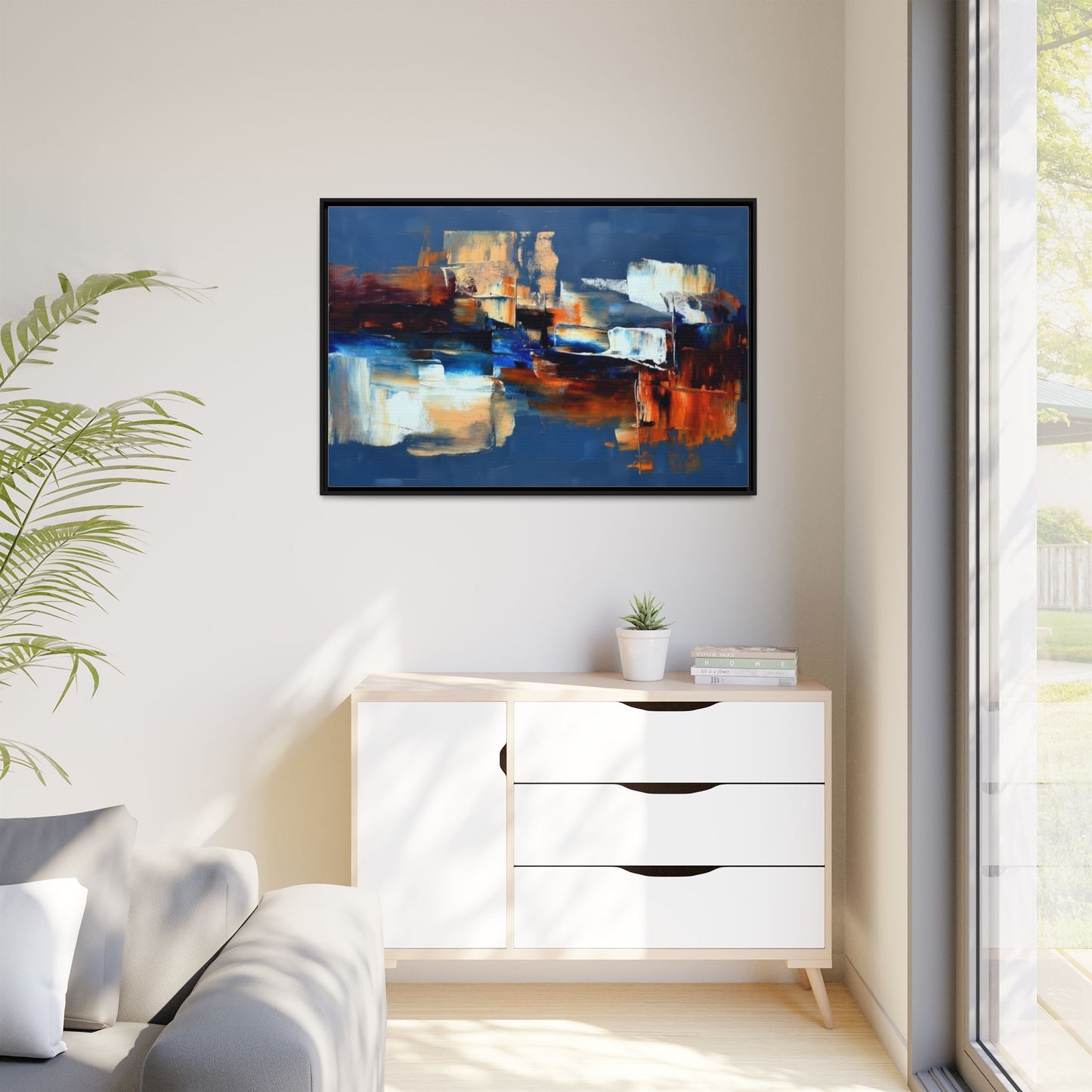 Abstract Blue & Rust Framed Canvas Art — Modern Matte Wall Painting