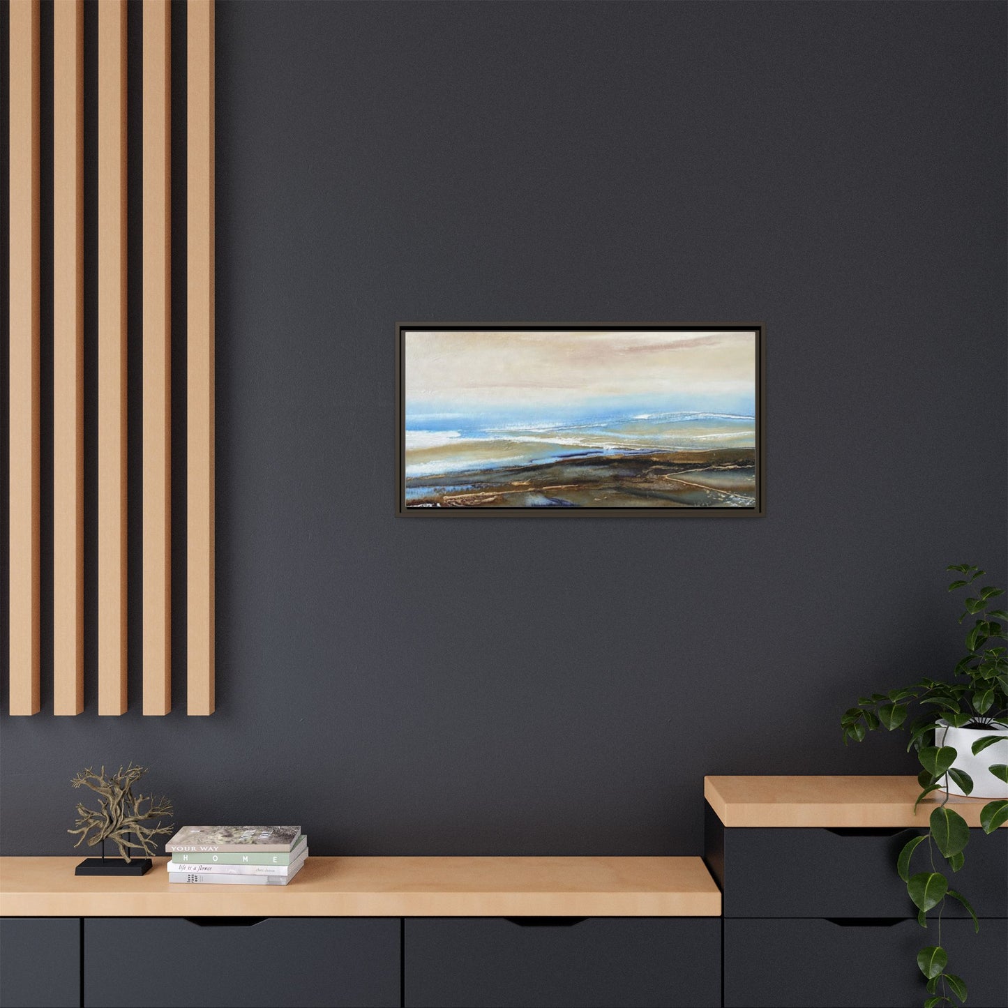 Framed Abstract Seascape Matte Canvas — Coastal Blue & Earth Tone Wall Art