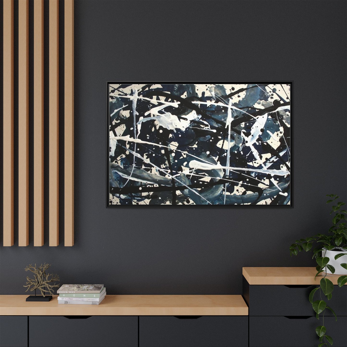 Abstract Splatter Matte Canvas Framed Wall Art — Black & Blue Modern Art Print