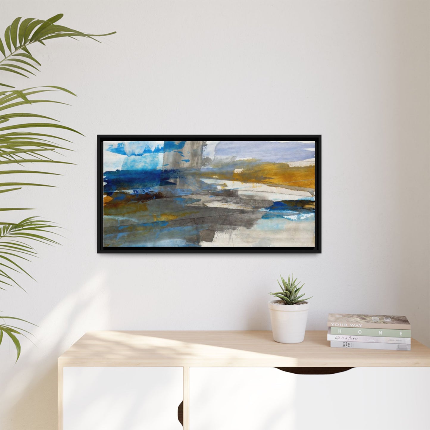 Abstract Blue & Gold Framed Canvas Art — Matte Multi-Color Wall Print