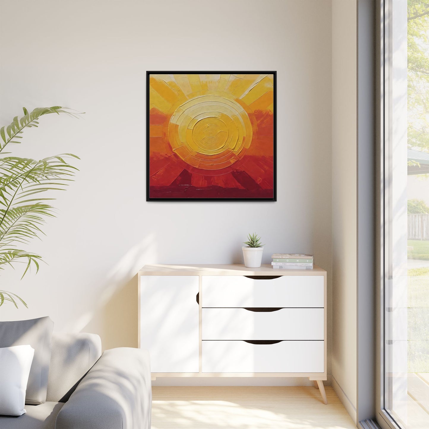 Sunburst Abstract Framed Canvas Art — Matte Multi‑Color Wall Print