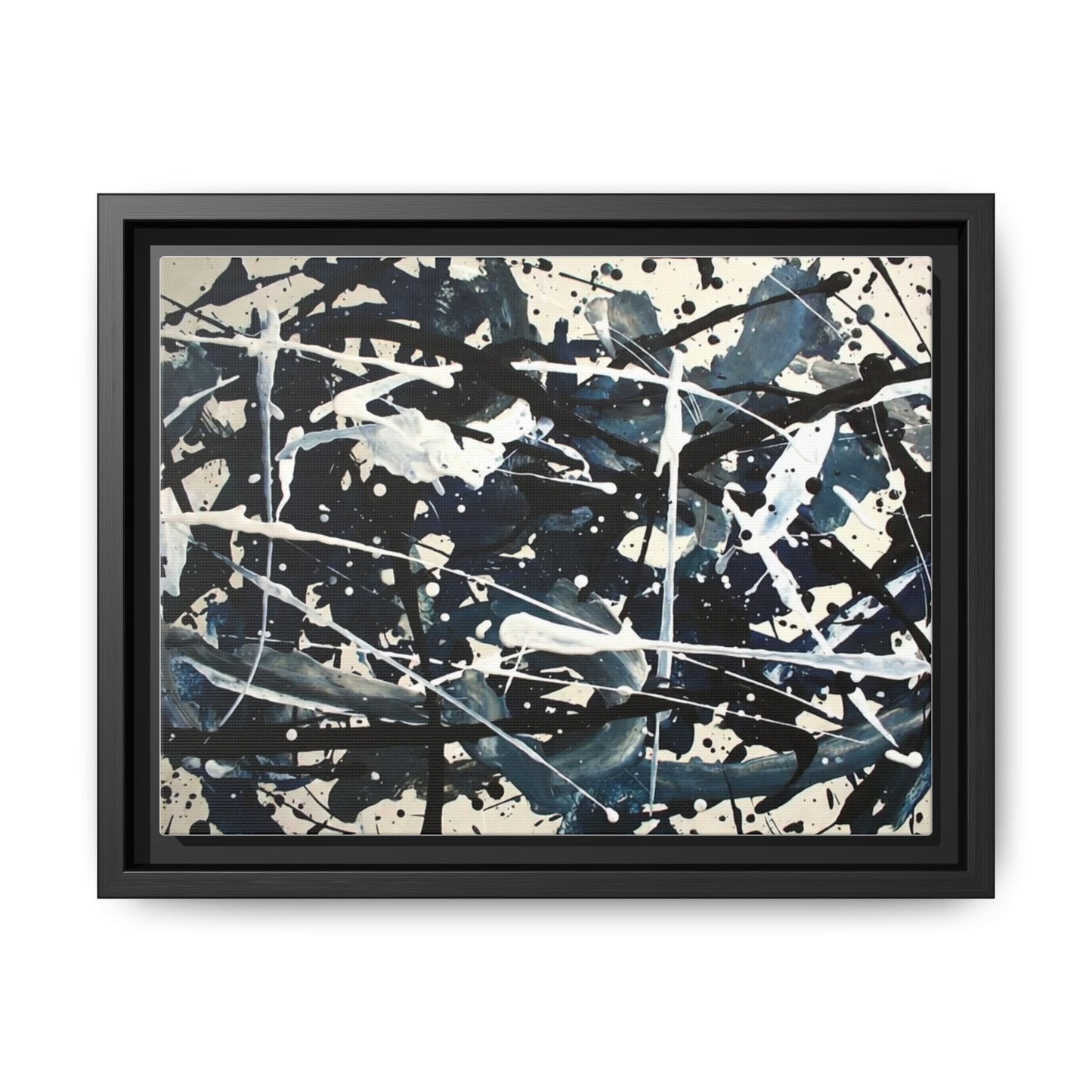Abstract Splatter Matte Canvas Framed Wall Art — Black & Blue Modern Art Print