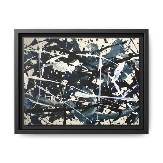 Abstract Splatter Matte Canvas Framed Wall Art — Black & Blue Modern Art Print