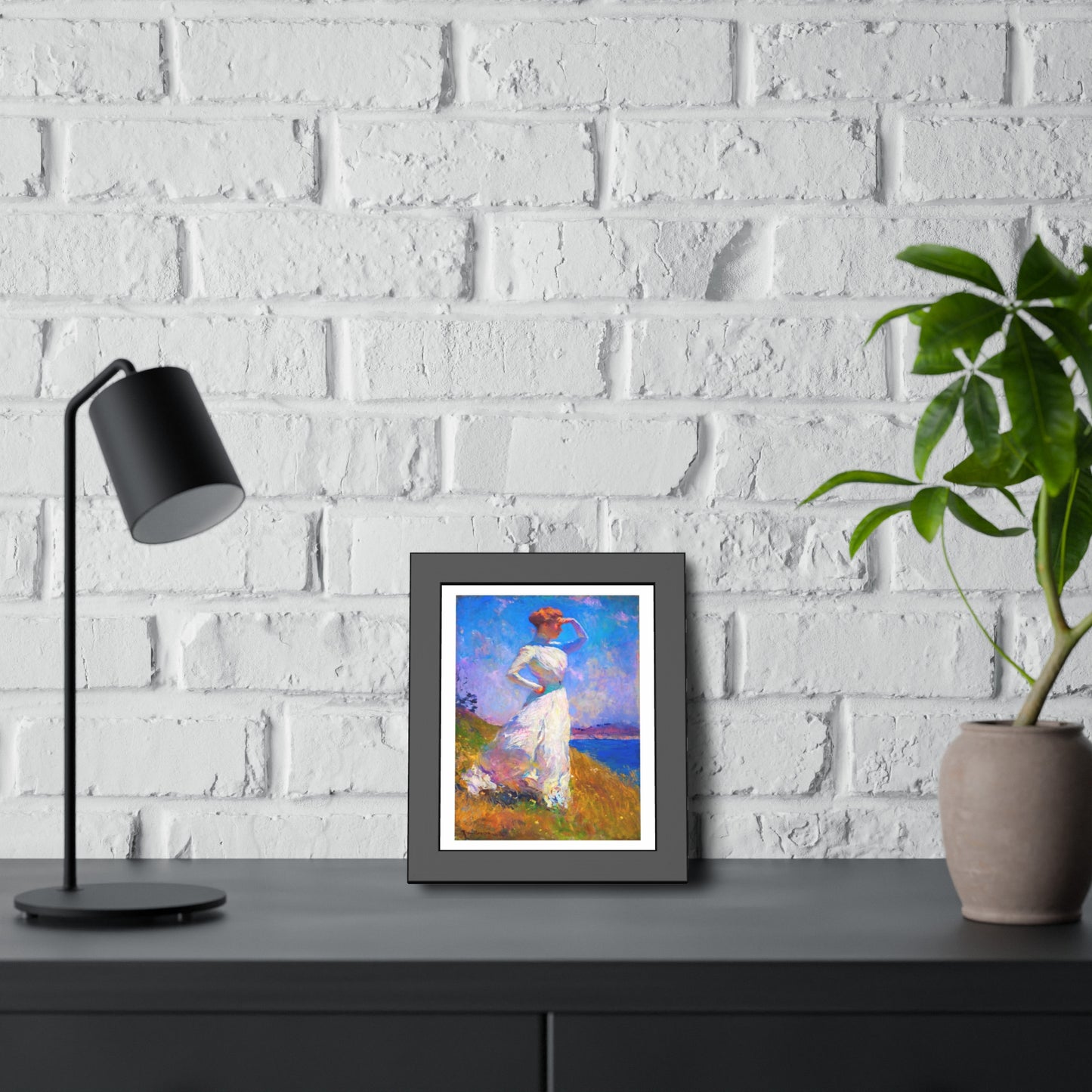 Coastal Impressionist Framed Poster — Woman in White Seaside Art Print