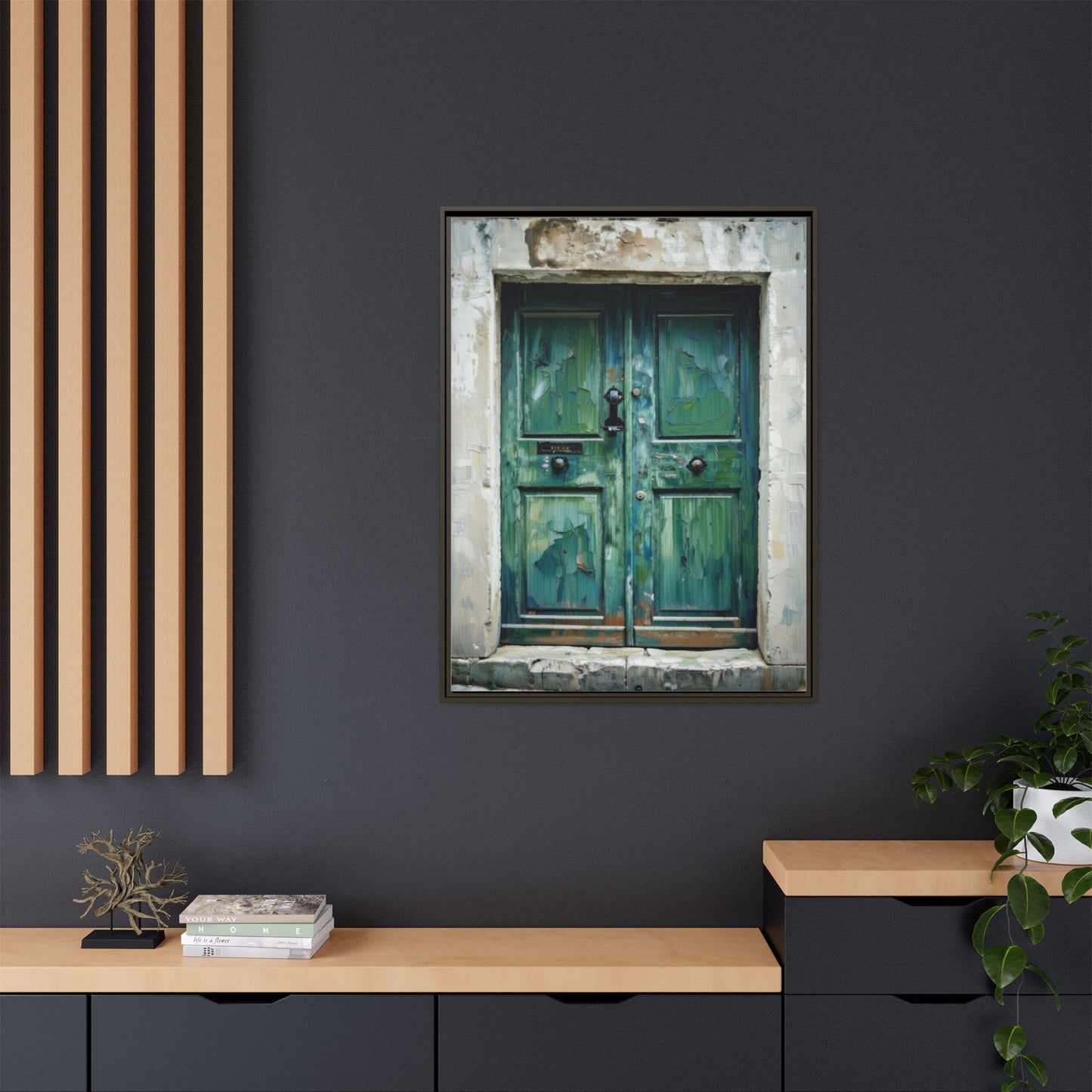Framed Matte Canvas Art — Weathered Green Door Wall Print
