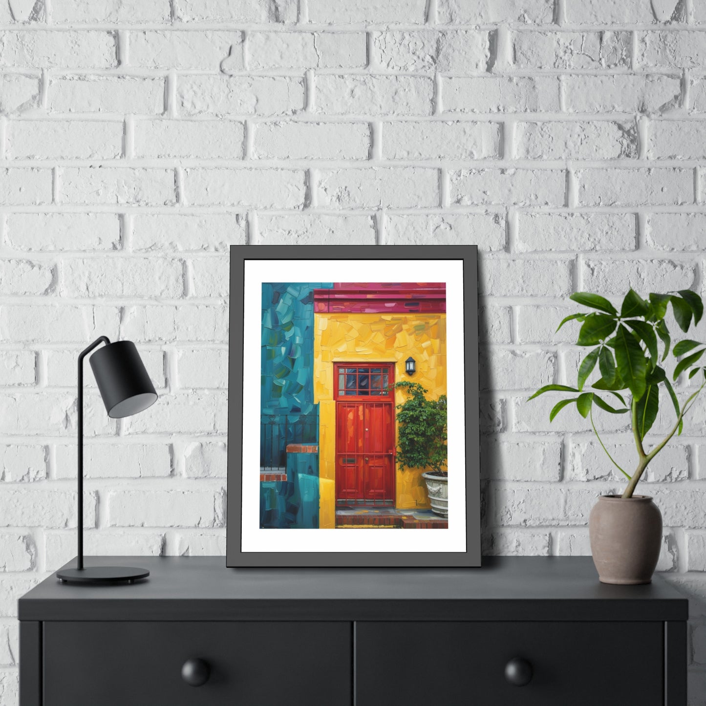 Framed Art Print - Vibrant Red Door Street Scene Poster