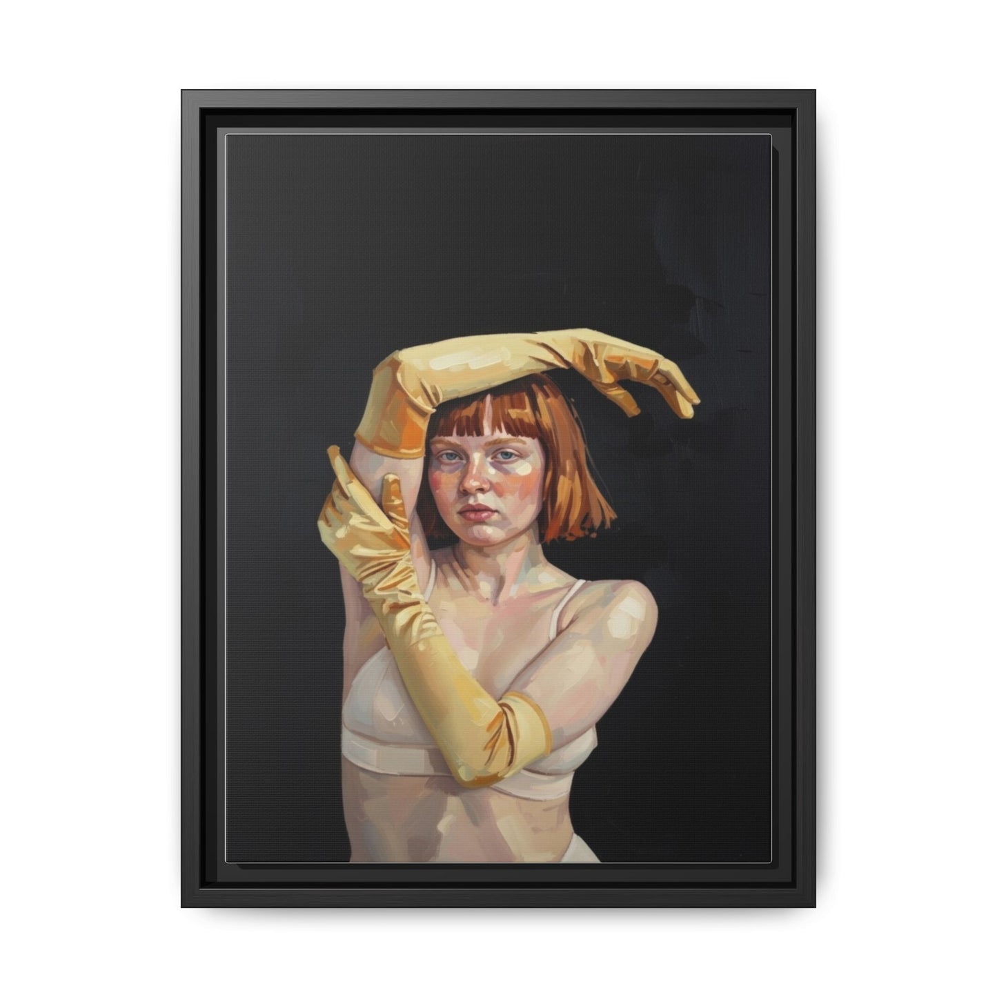 Framed Matte Canvas Art – Portrait of Woman in Yellow Gloves