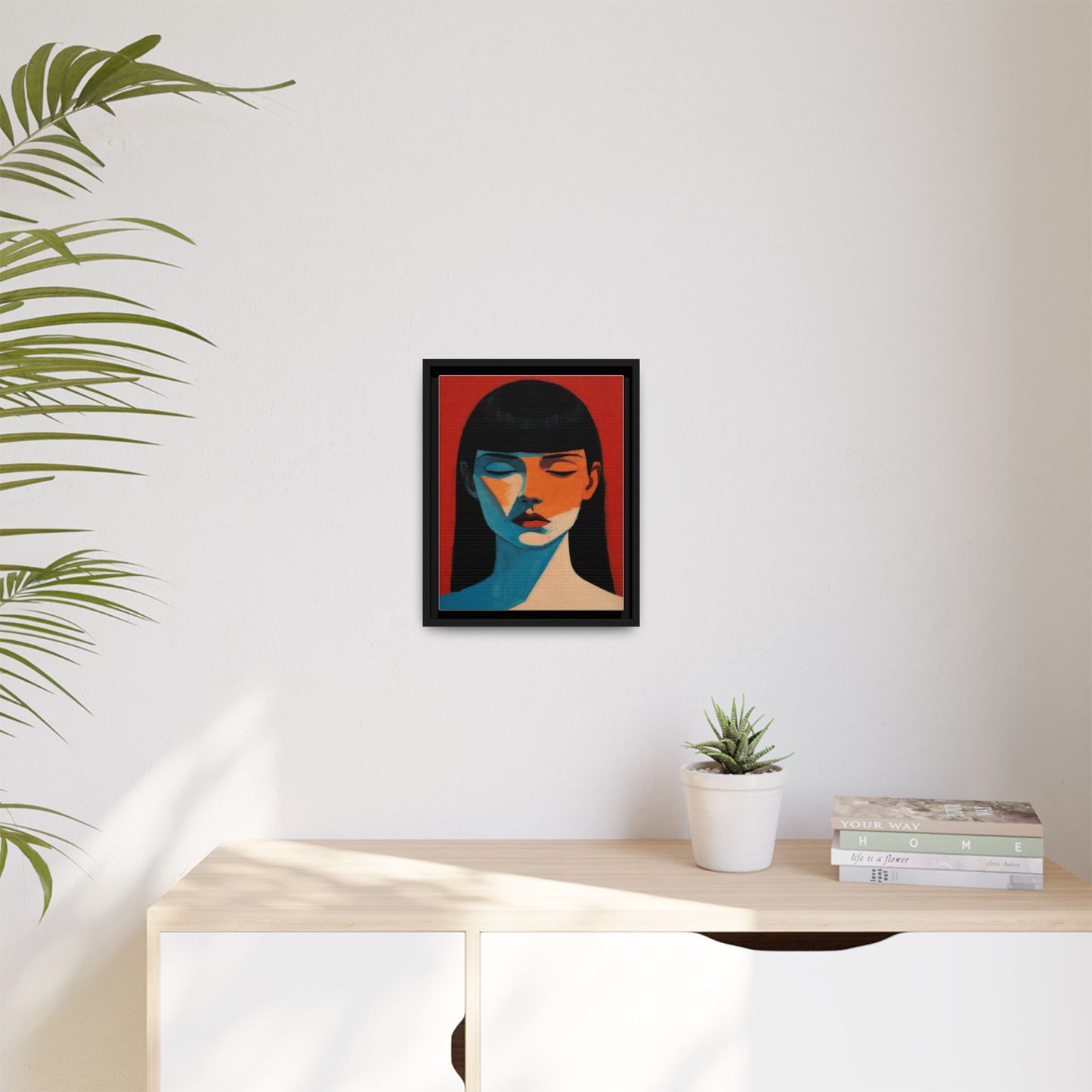Framed Matte Canvas Art – Minimalist Portrait in Red & Teal
