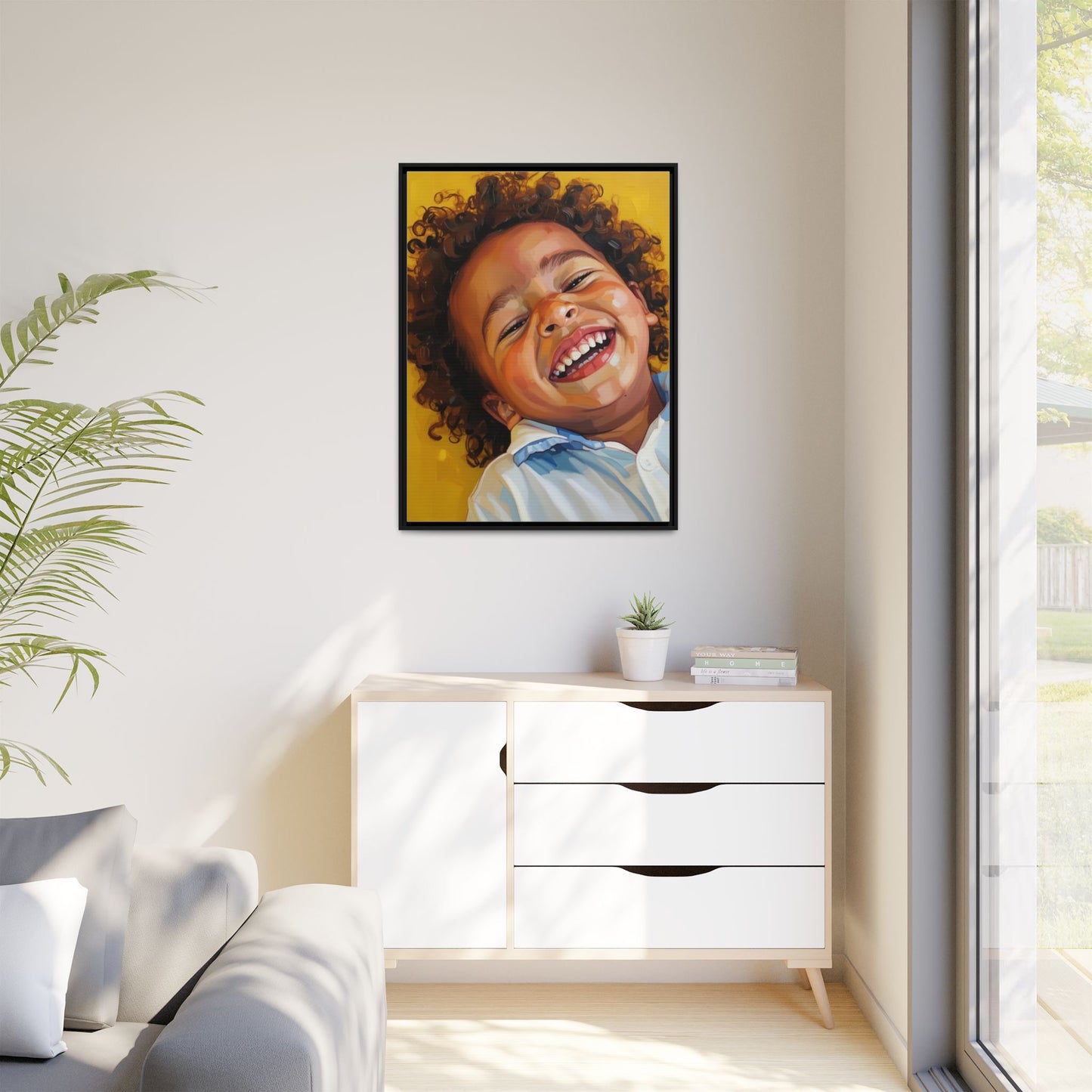 Framed Matte Canvas Print – Joyful Child Portrait, Colorful Nursery Wall Art