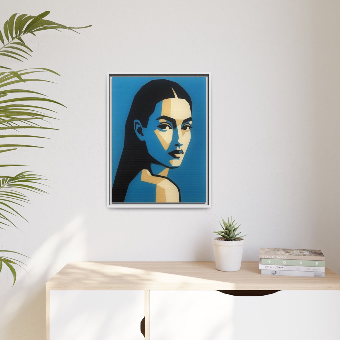 Framed Pop Art Portrait Canvas — Blue Geometric Woman Print