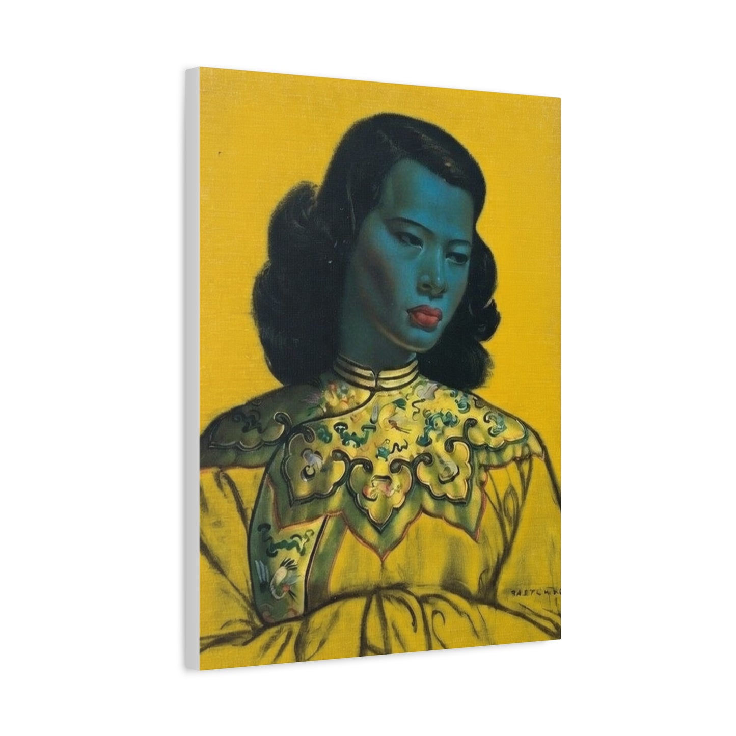 Vintage Portrait Canvas Print — Mid-Century Asian Woman Art on Yellow Background