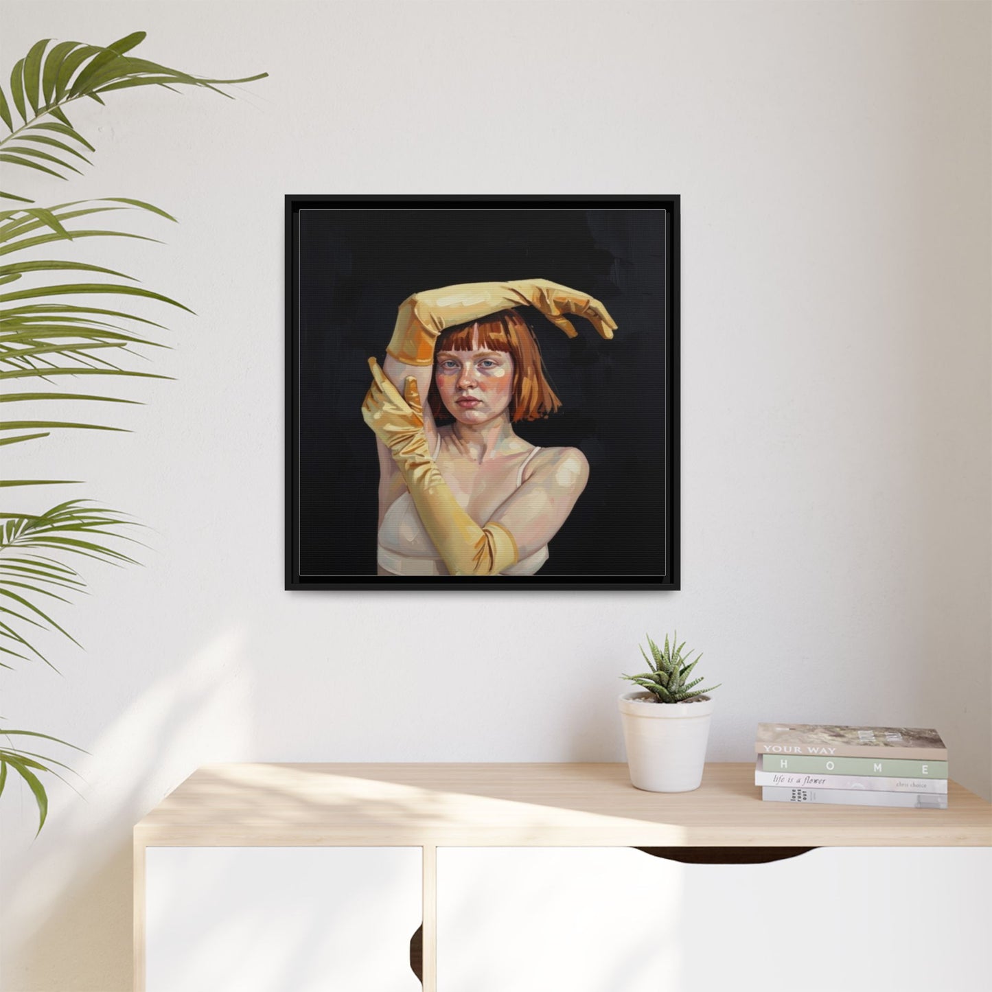 Framed Matte Canvas Art – Portrait of Woman in Yellow Gloves