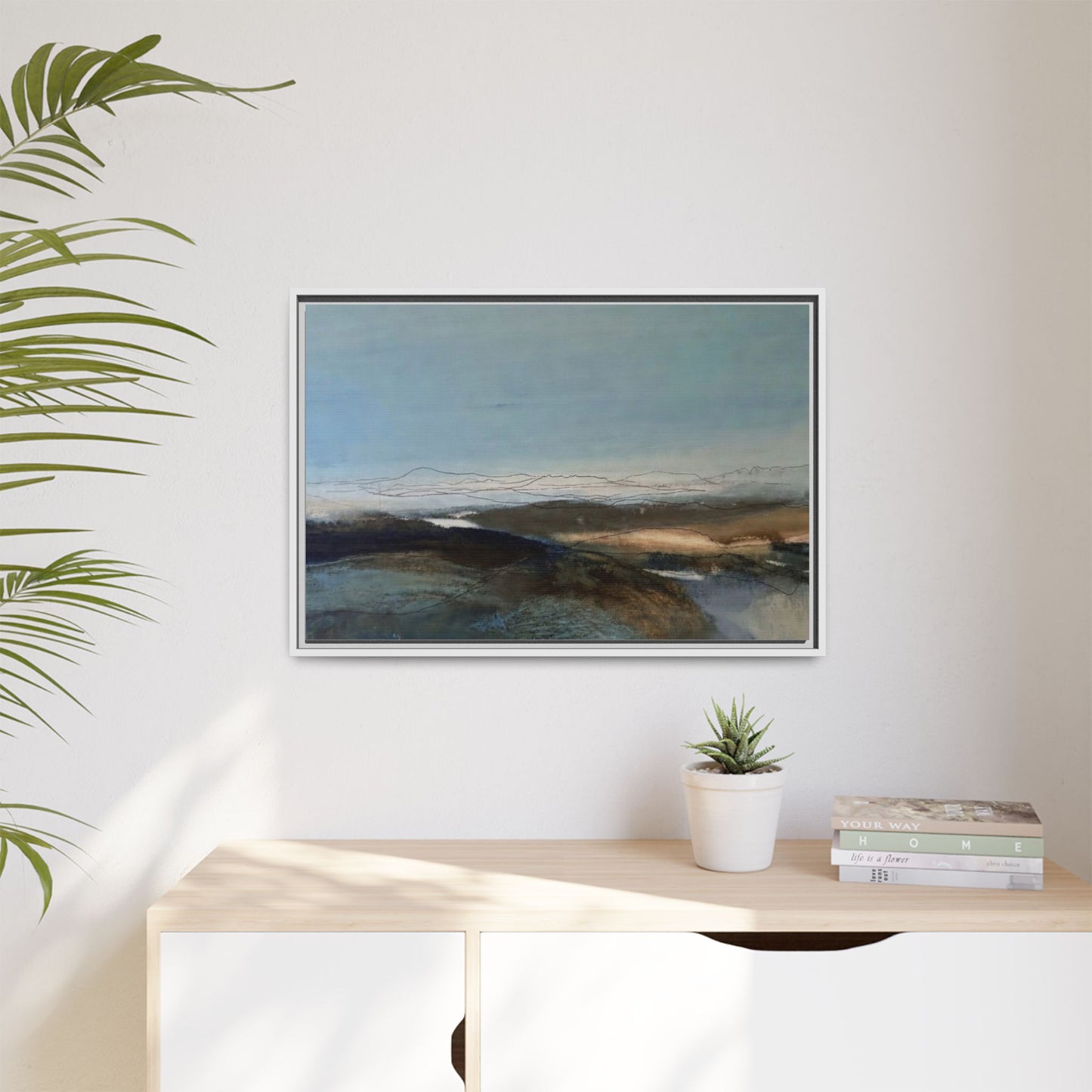 Framed Matte Canvas Wall Art — Serene Abstract Blue Landscape