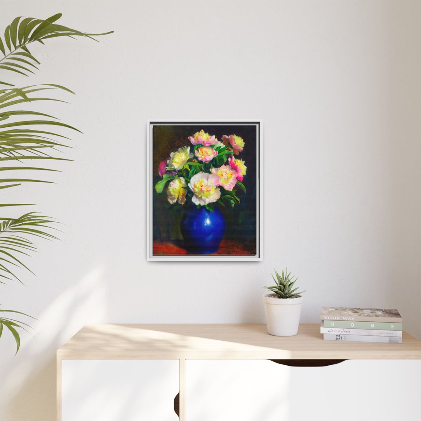 Framed Matte Canvas Wall Art — Vintage Floral Bouquet in Blue Vase