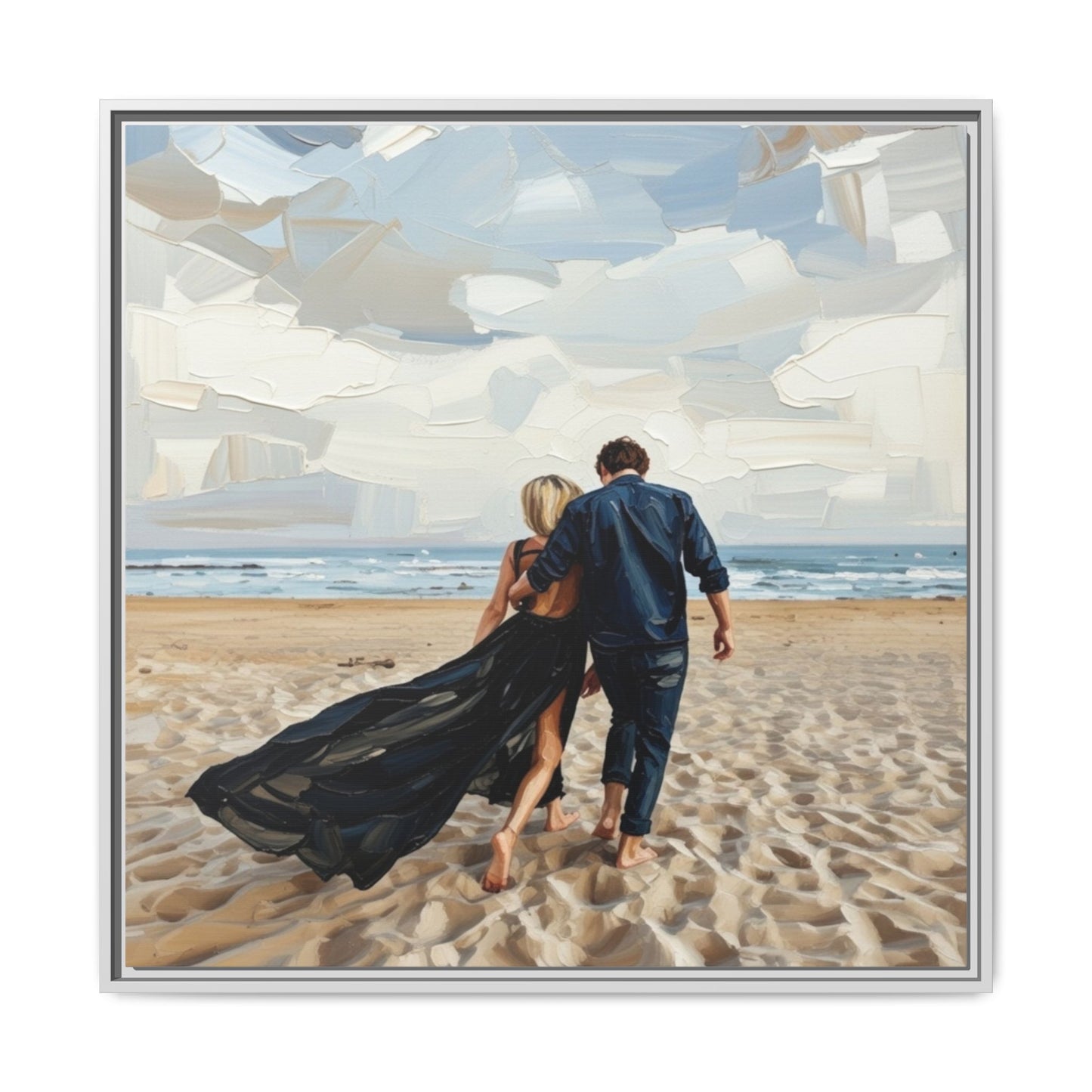 Framed Canvas Wall Art — Romantic Couple Walking on Beach Print