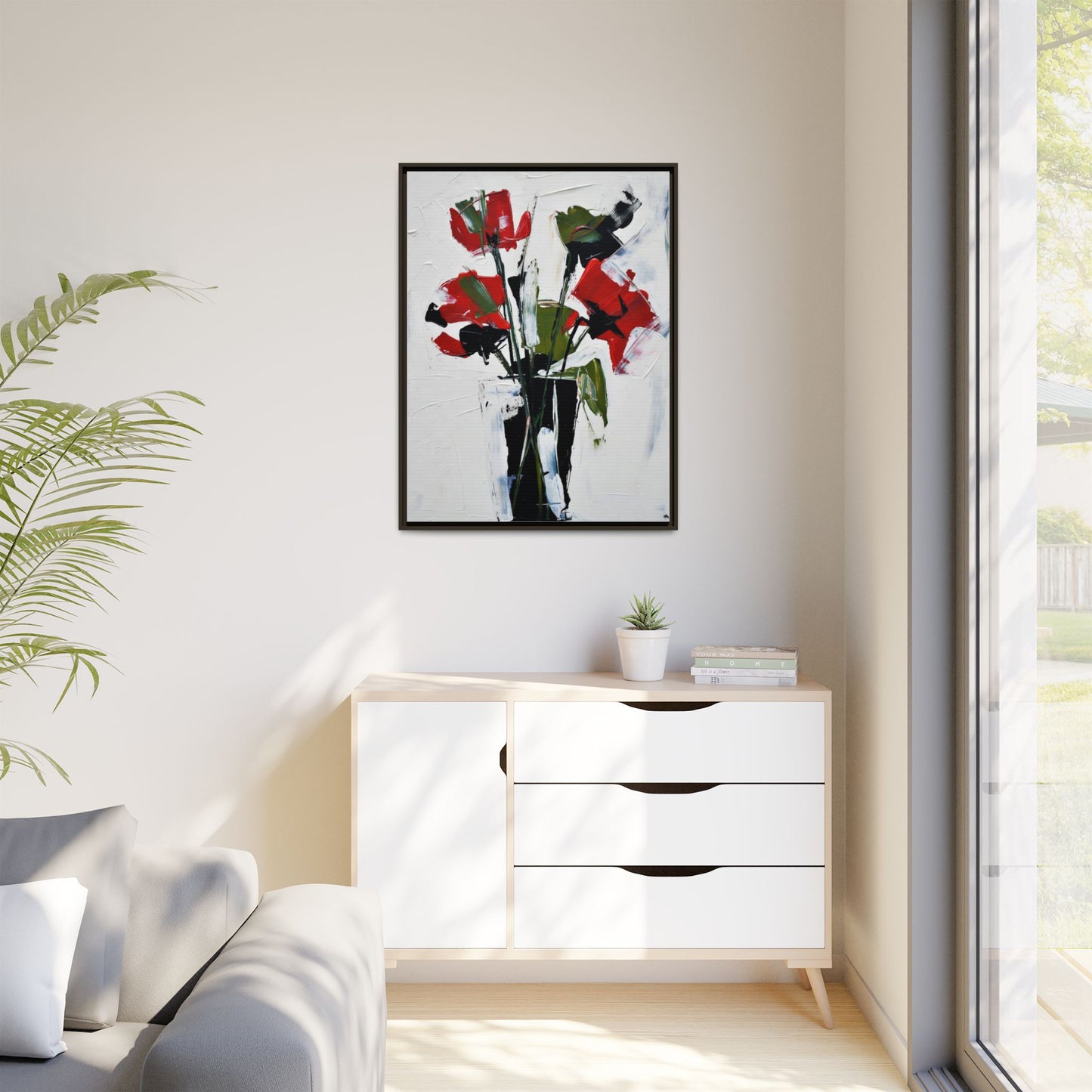Framed Abstract Floral Canvas Print — Red Poppies in Black Vase