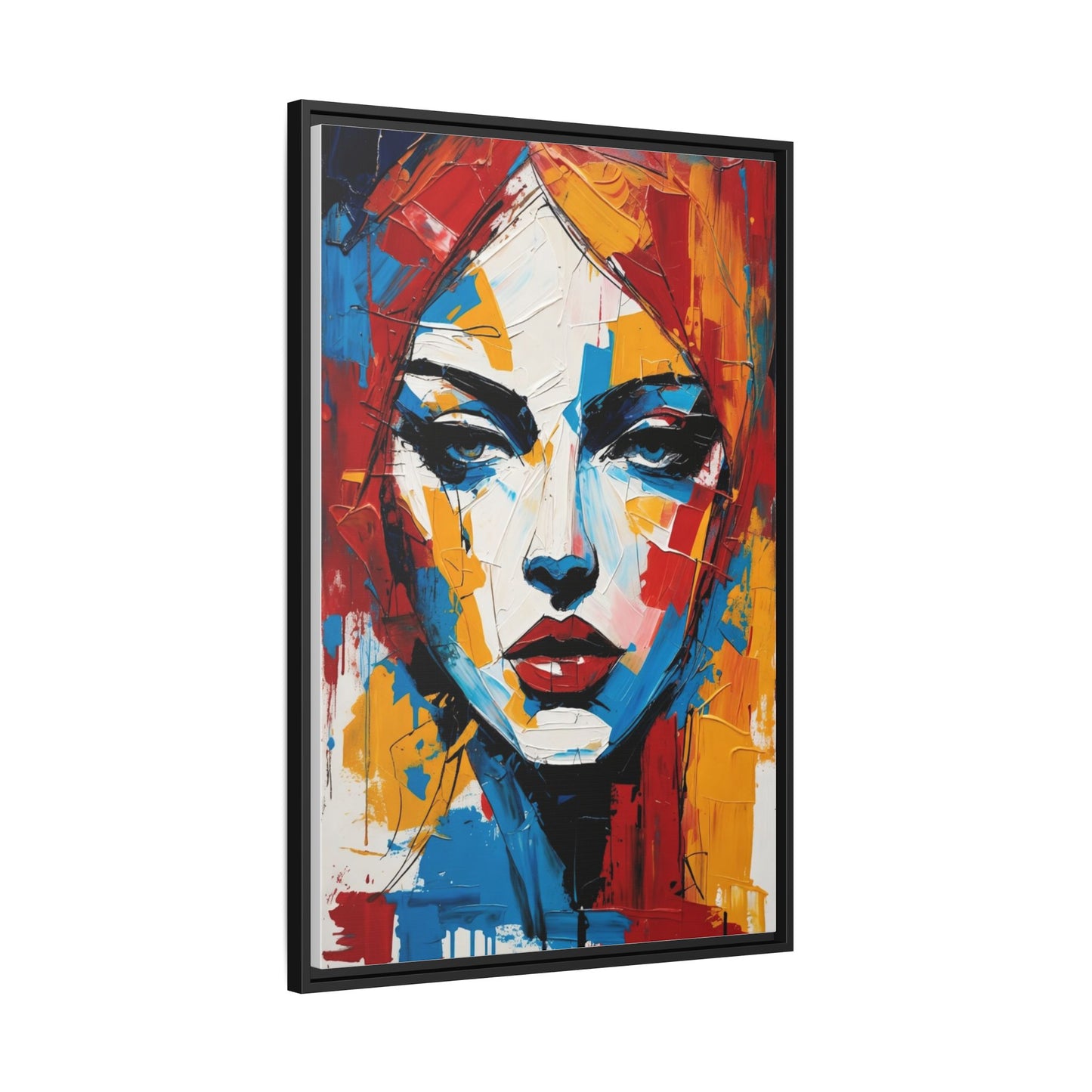 Framed Abstract Portrait Canvas — Colorful Female Face Wall Art