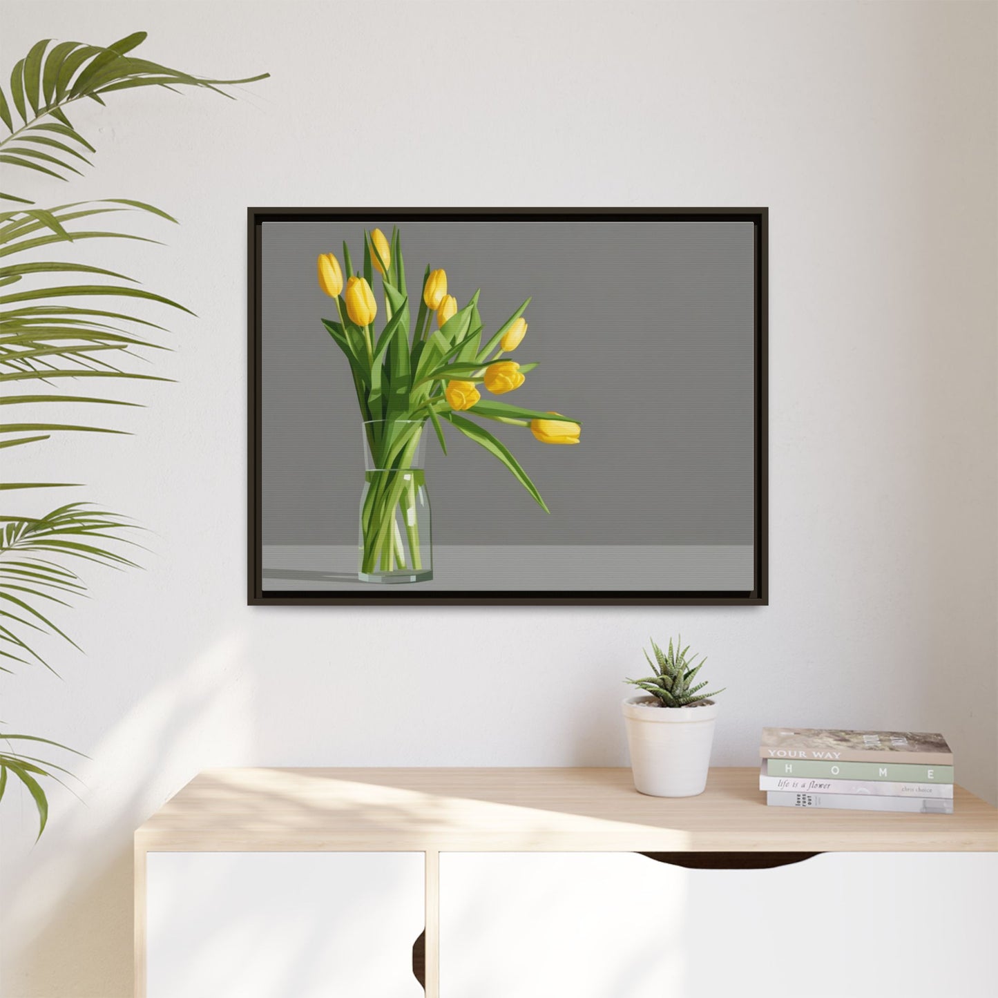 Framed Matte Canvas Art — Yellow Tulip Vase Wall Print
