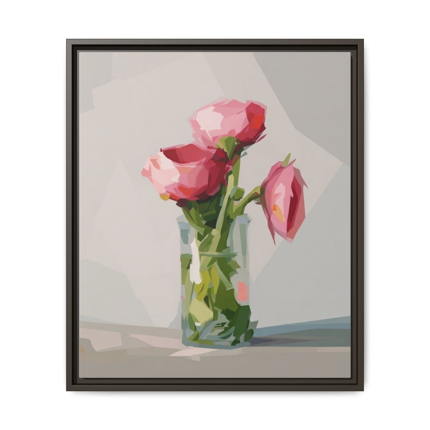 Framed Canvas Art — Pink Roses in Vase, Modern Floral Wall Print