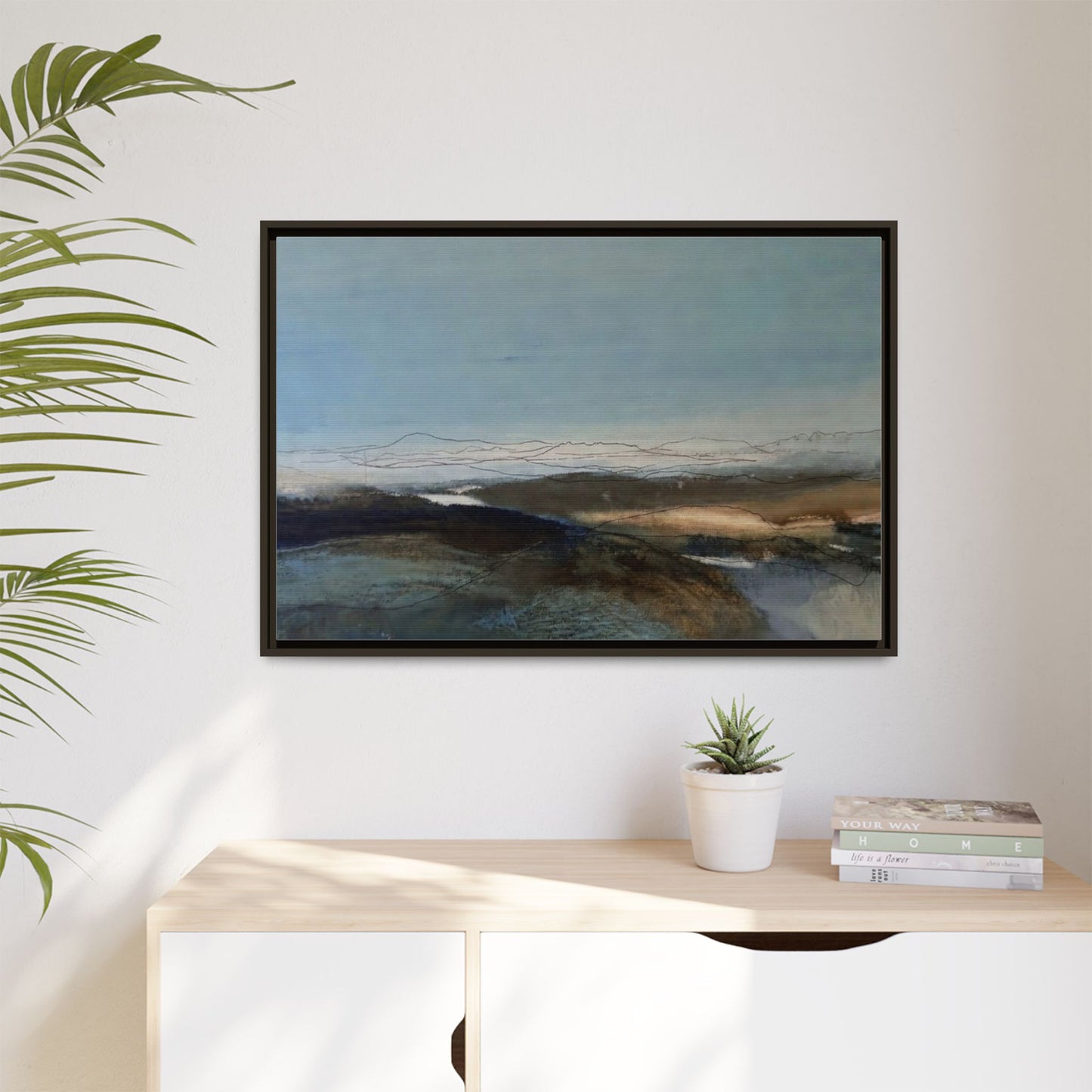Framed Matte Canvas Wall Art — Serene Abstract Blue Landscape