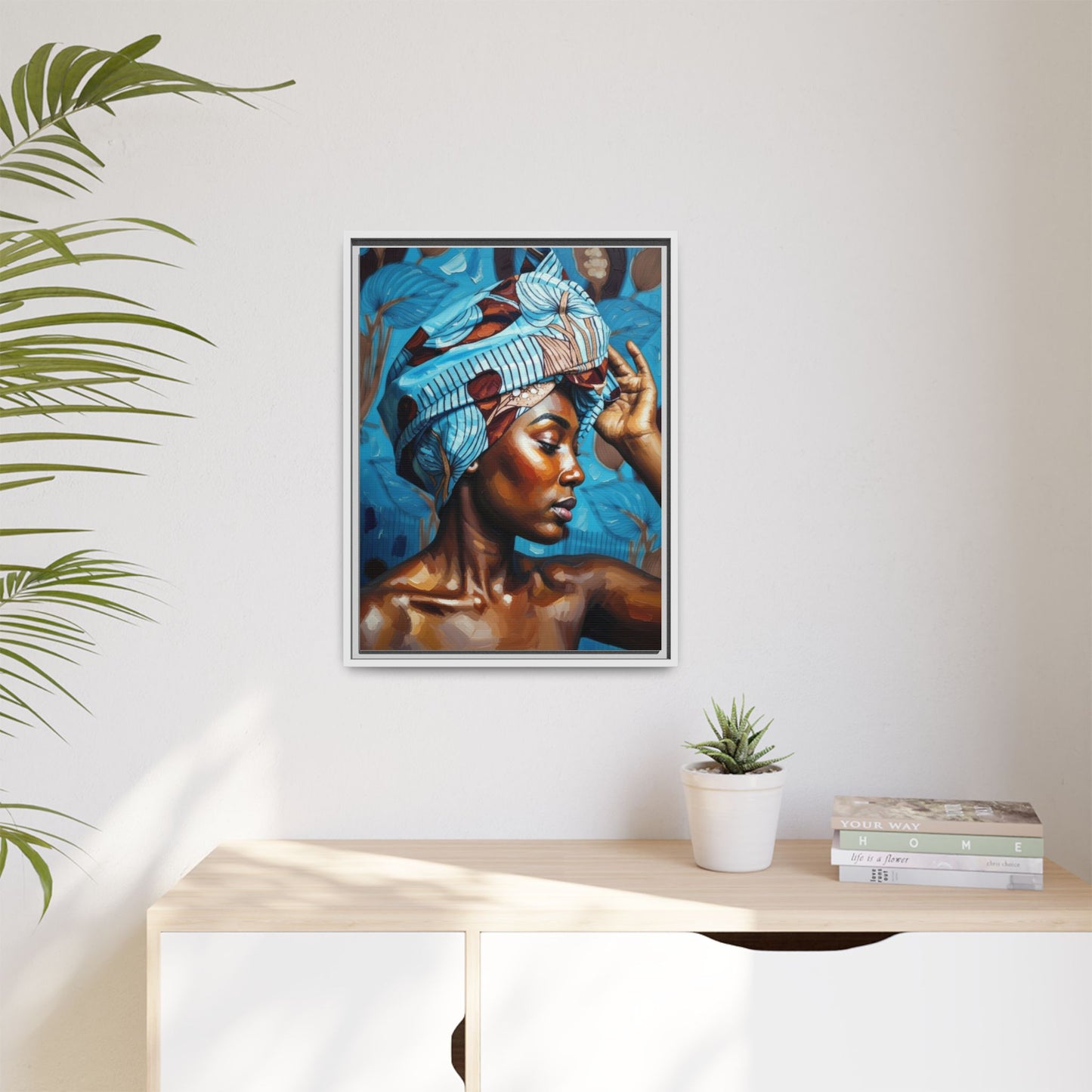 Framed Canvas Art — Portrait of Woman in Blue Headwrap