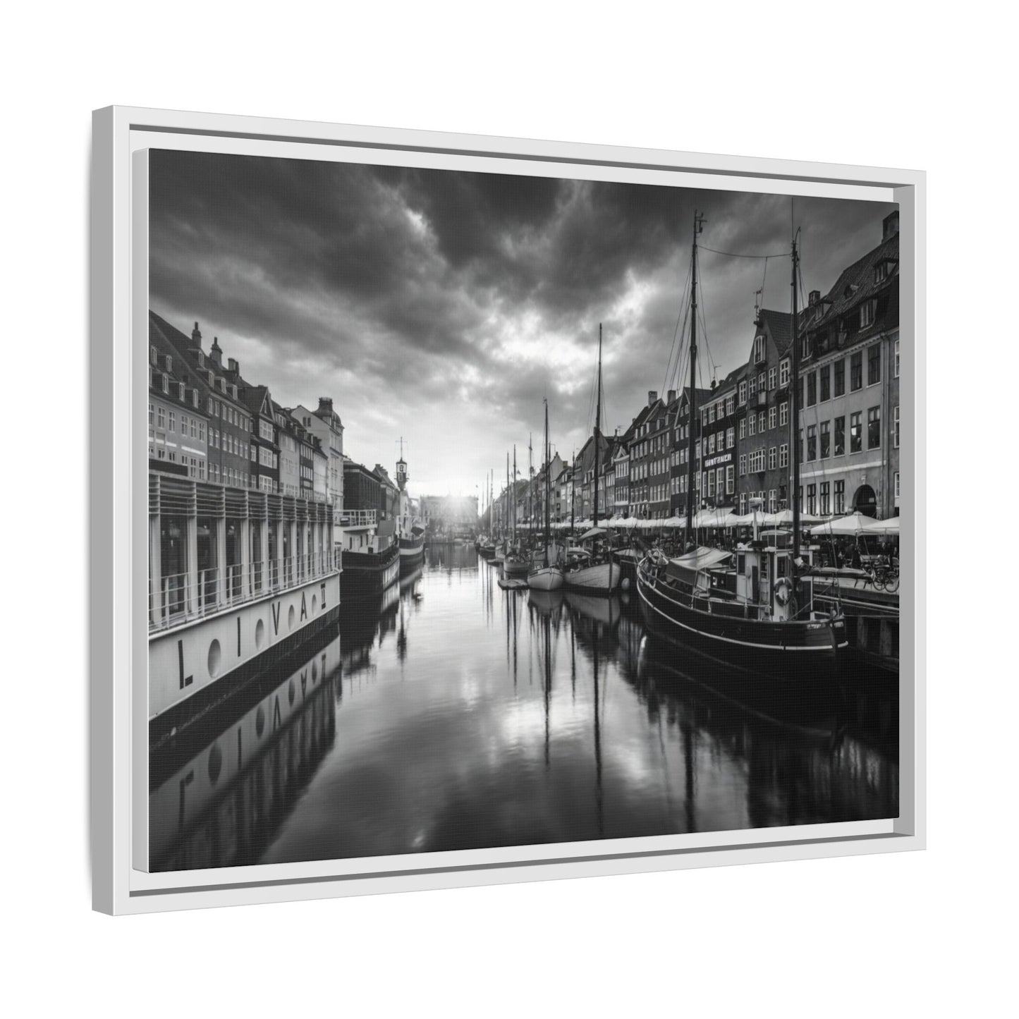 Framed Matte Canvas: Black & White Dutch Canal Photography Wall Art