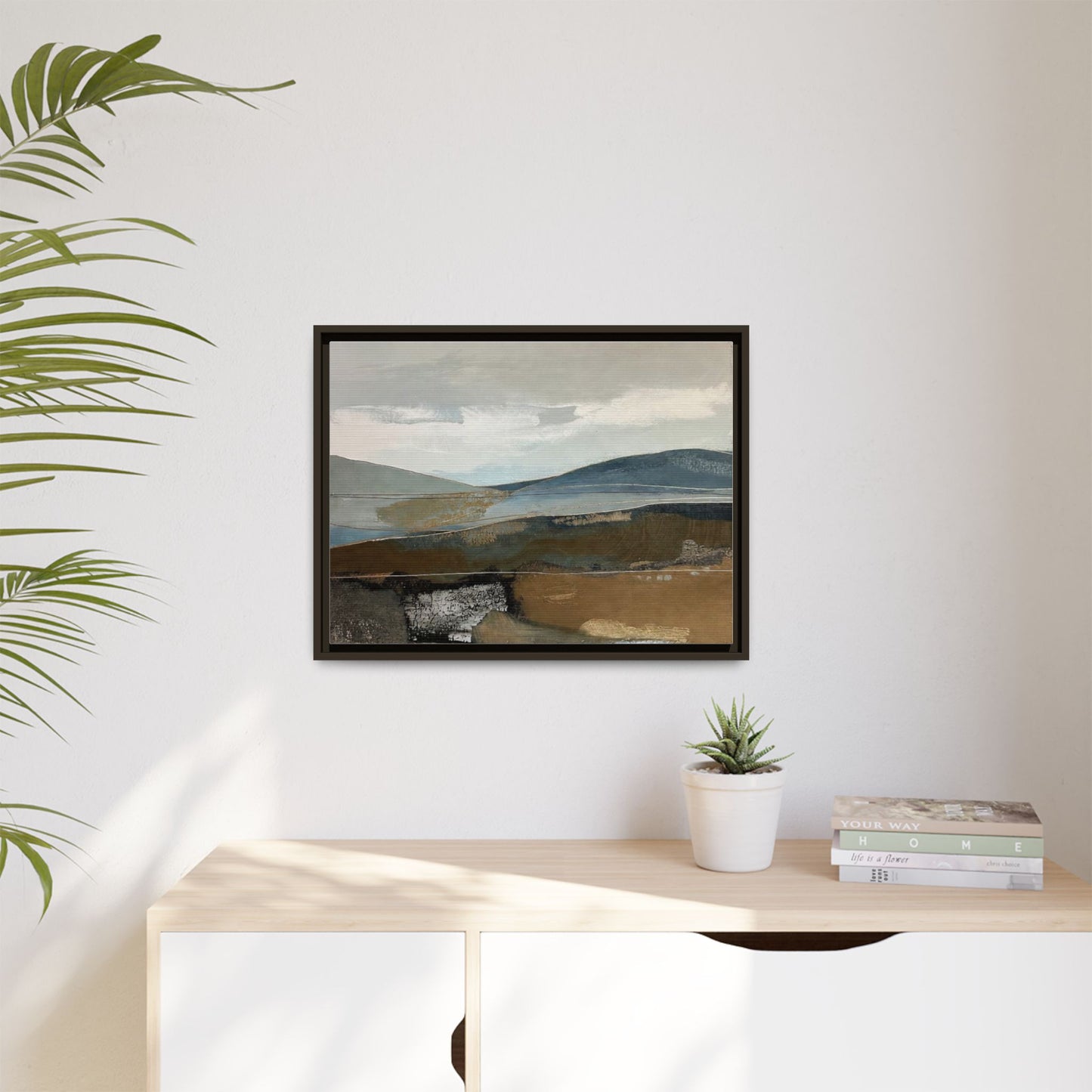 Framed Matte Canvas Landscape Art - Serene Abstract Hills in Blue & Earth Tones