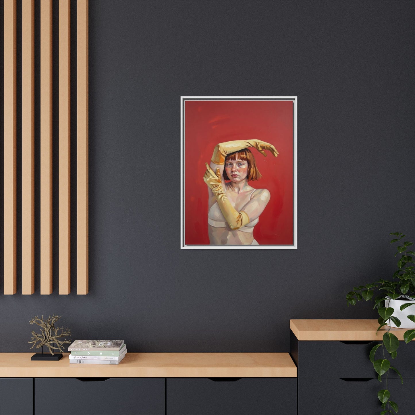 Framed Matte Canvas Art - Portrait of Woman in Yellow Gloves (Red Background)