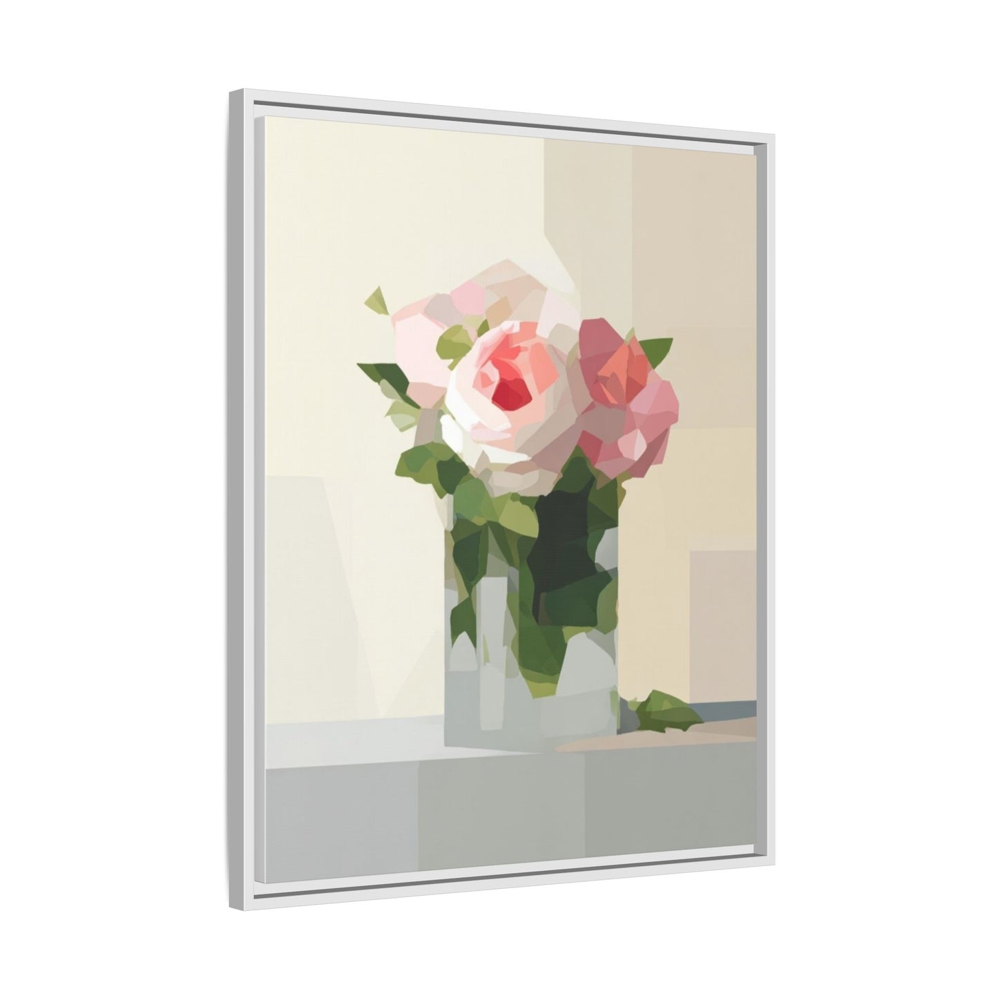 Framed Floral Canvas Print — Geometric Pink Rose Wall Art