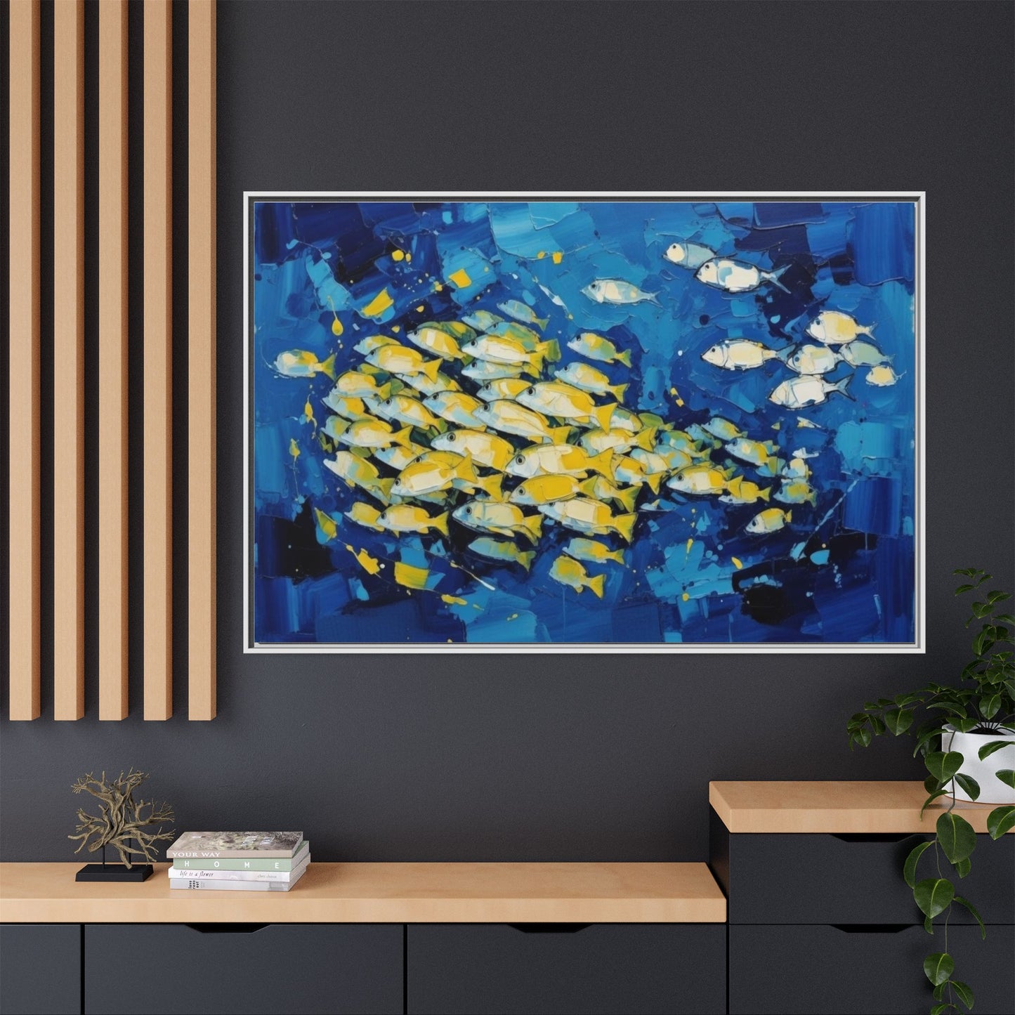 Framed Matte Canvas: Blue School of Fish Wall Art