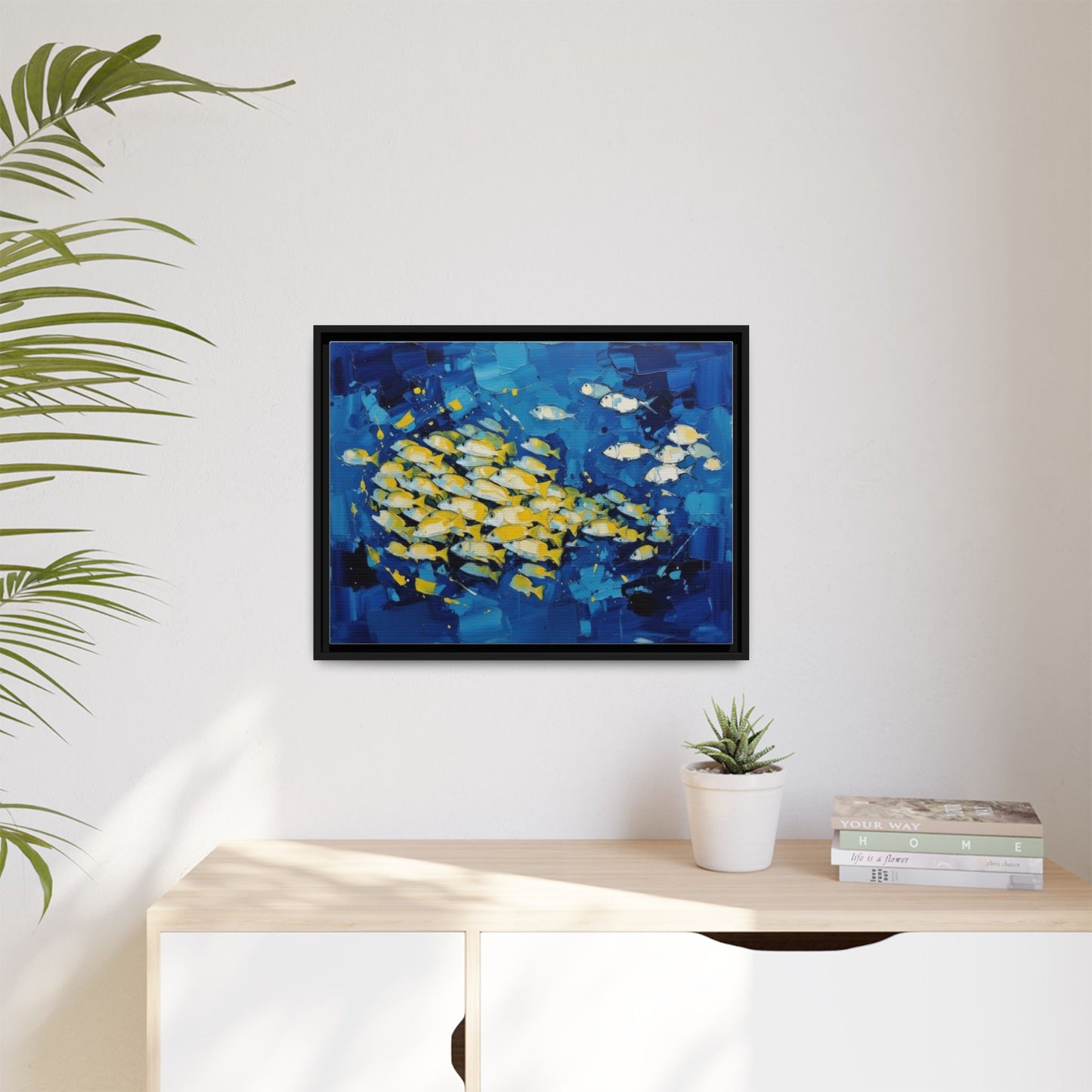 Framed Matte Canvas: Blue School of Fish Wall Art