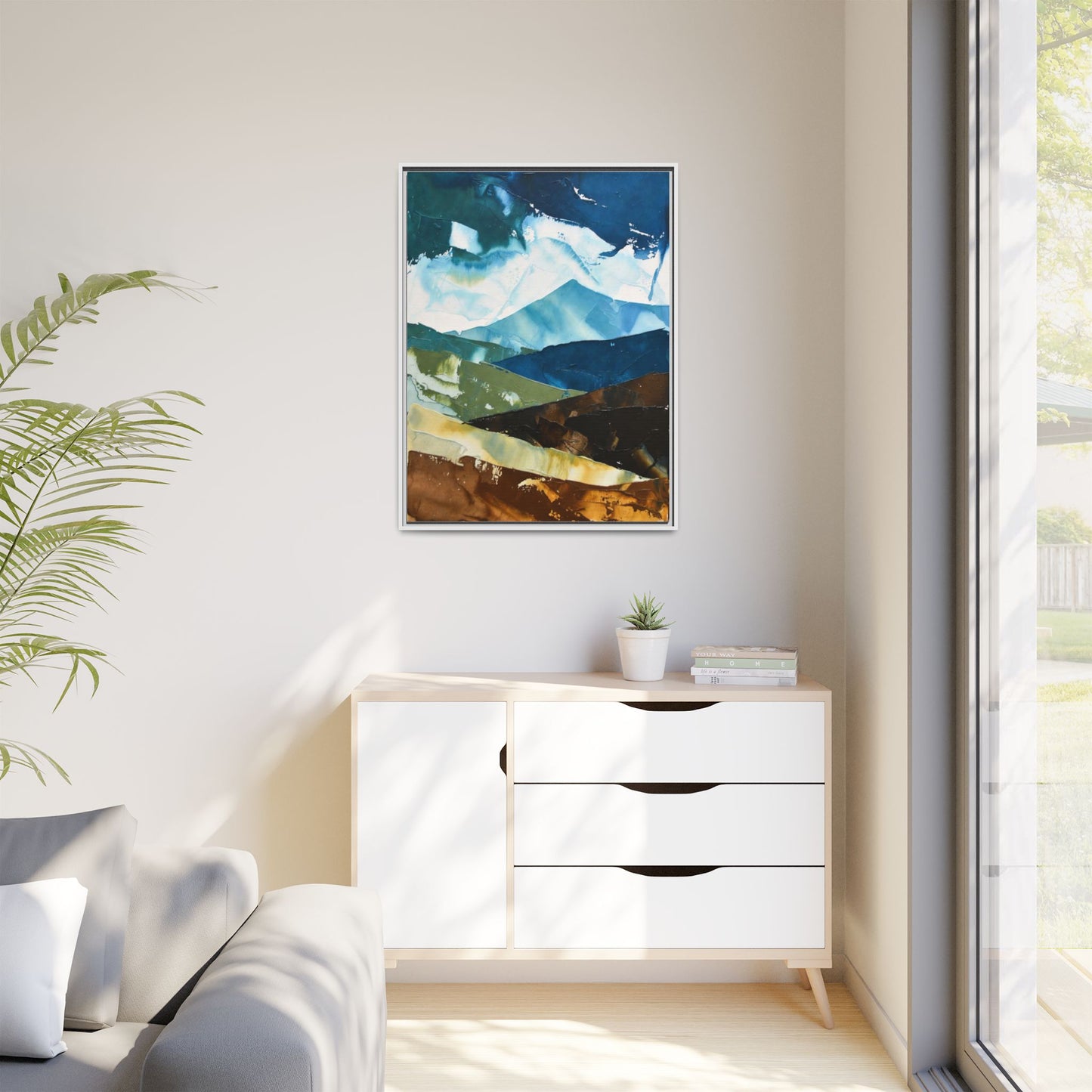 Framed Abstract Mountain Canvas Art — Blue & Earthtone Landscape Print