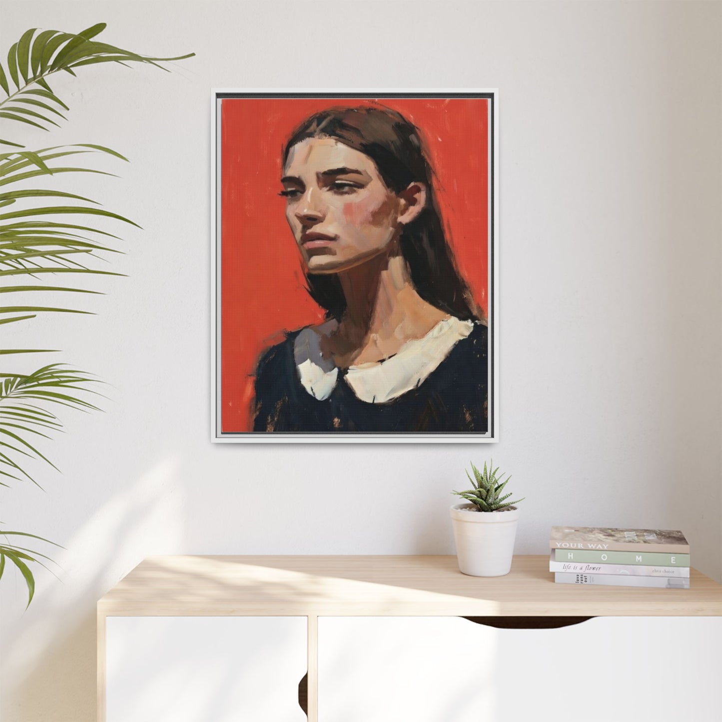 Framed Matte Canvas Portrait Print — Moody Red Figurative Art
