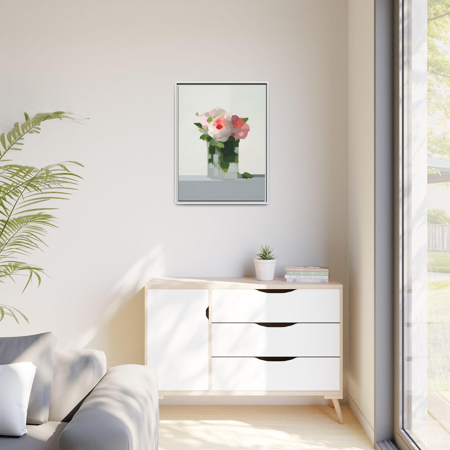 Framed Floral Canvas Print — Modern Pink Roses Still Life