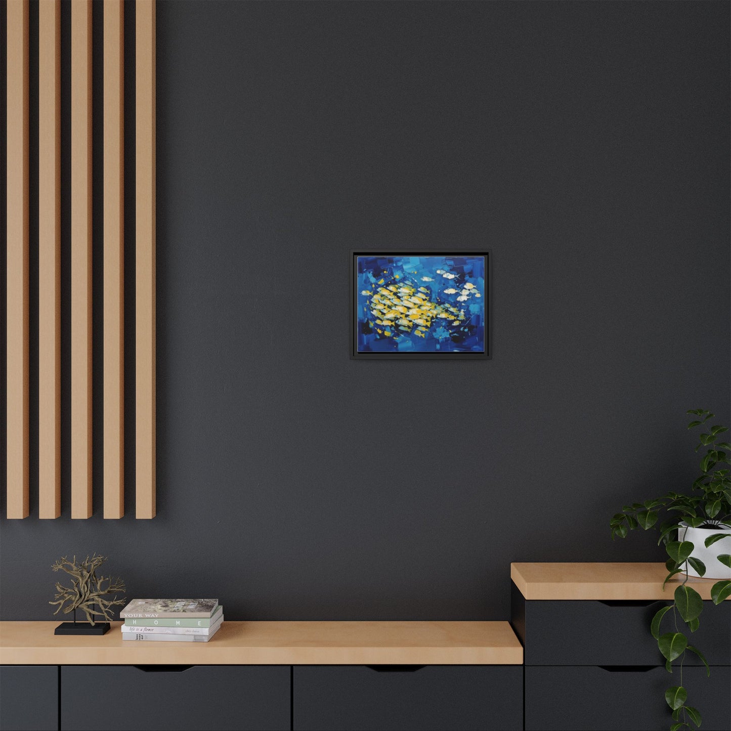 Framed Matte Canvas: Blue School of Fish Wall Art