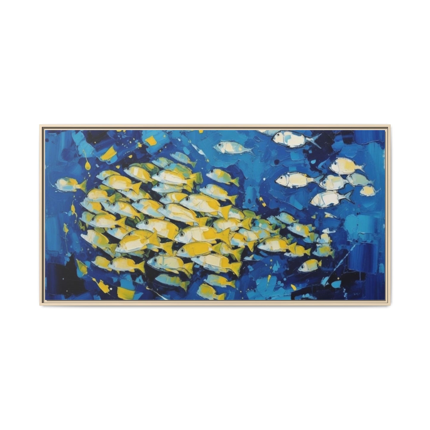 Framed Matte Canvas: Blue School of Fish Wall Art